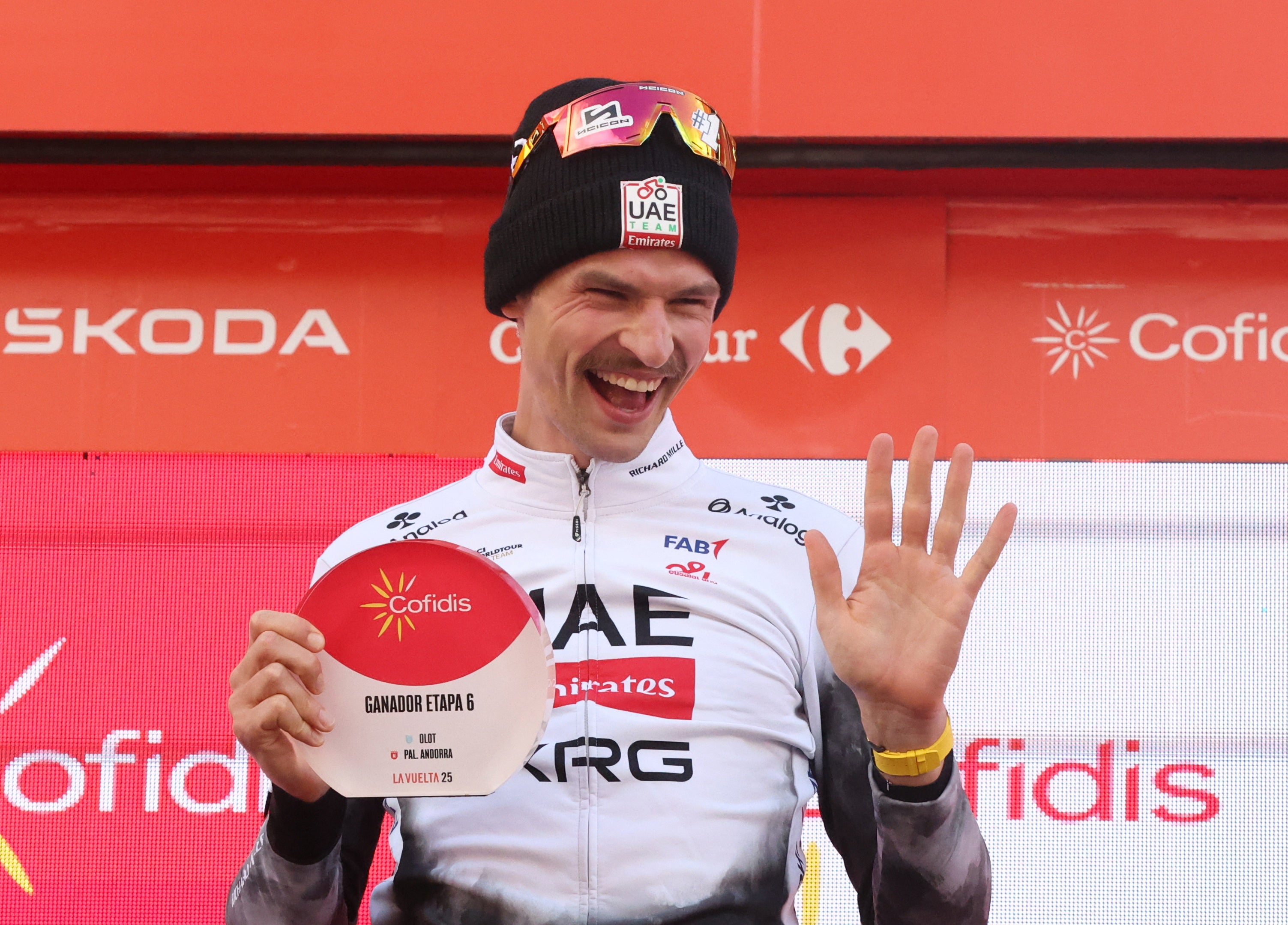 Jay Vine celebrates after winning stage six in Andorra