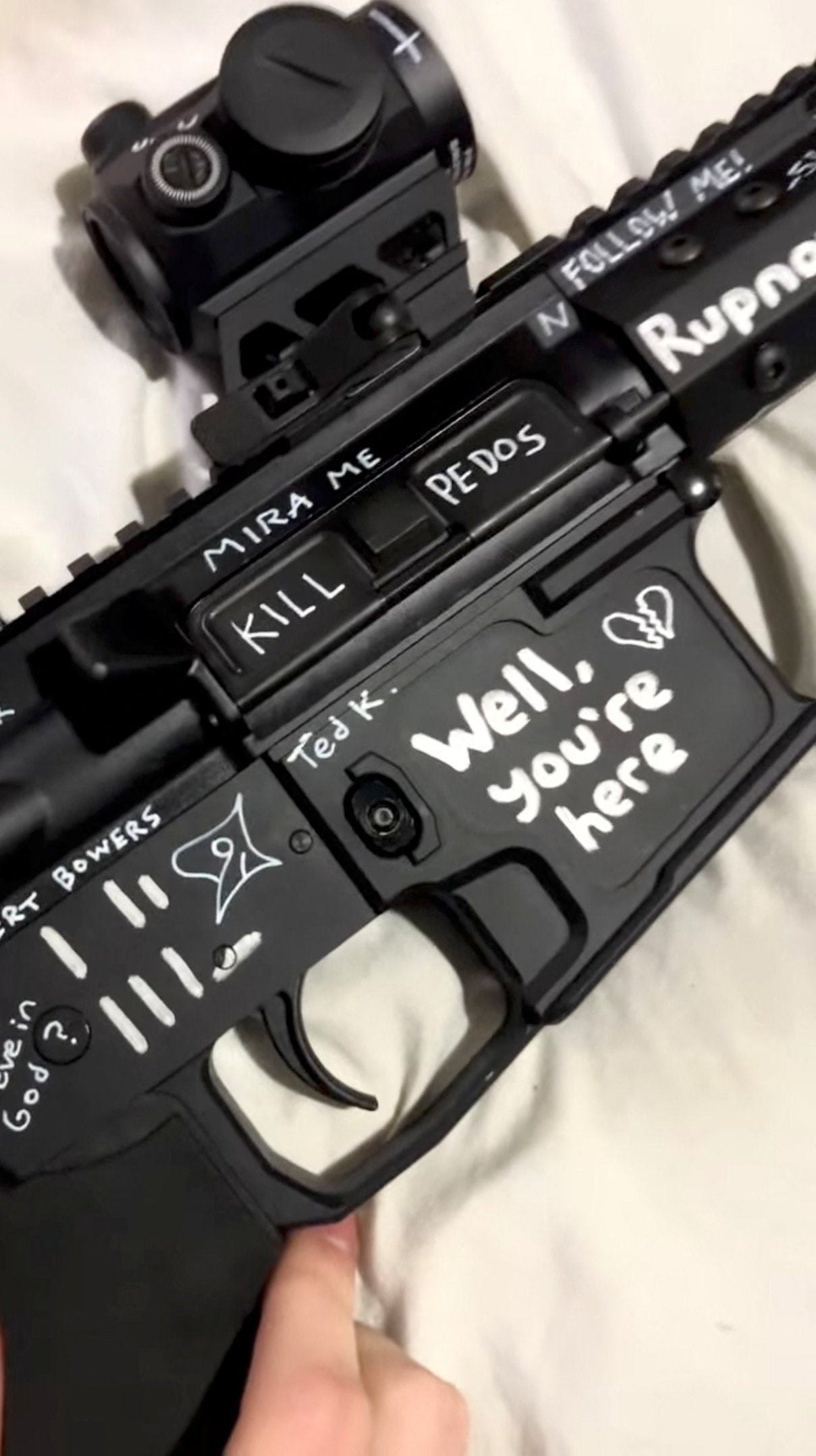 Westman’s rifle was daubed with a confusing, incoherent mishmash of seemingly ideological statements — suggesting that many or allwere ironic or insincere