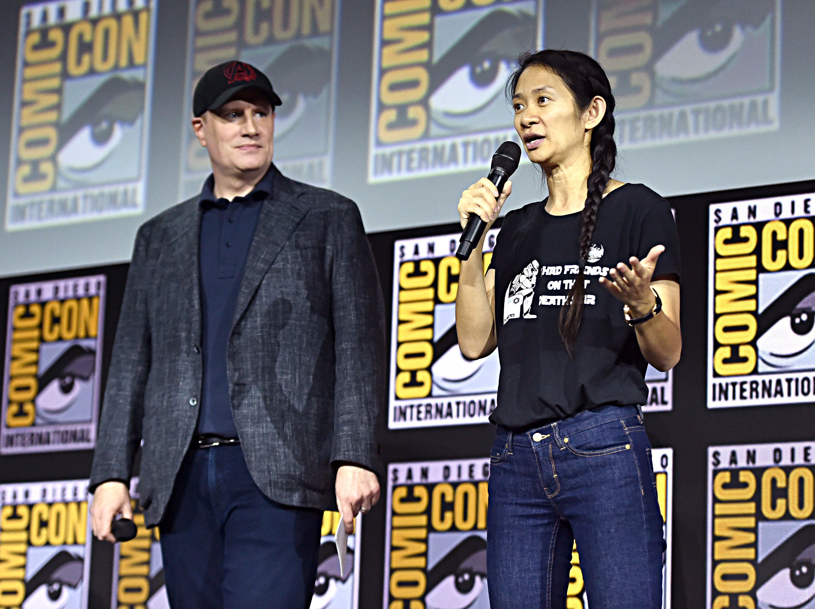 Marvel Studios president Kevin Feige and Eternals director Chloe Zhao at the San Diego Comic-Con International 2019 Marvel Studios Panel in San Diego;