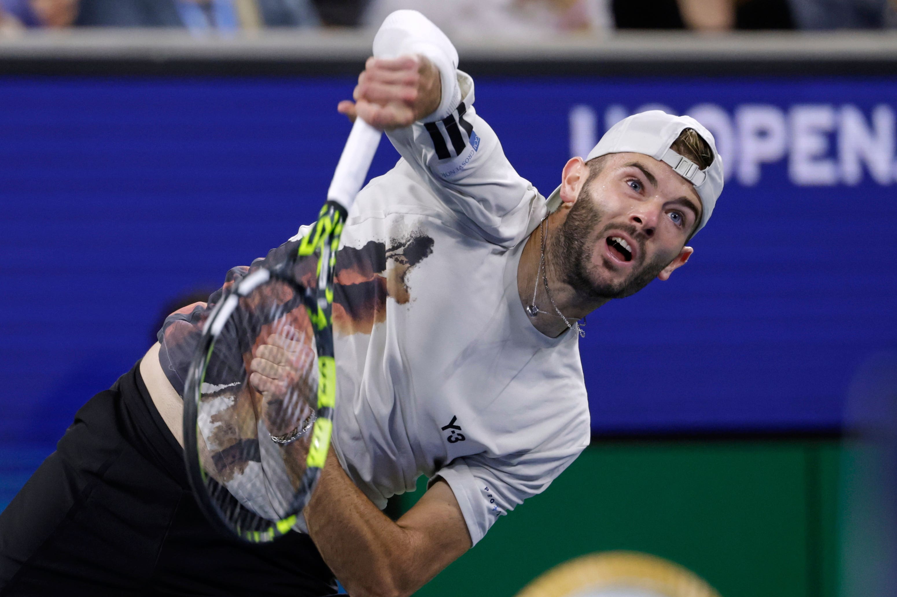 Jacob Fearnley serves against Alexander Zverev (Adam Hunger/AP)