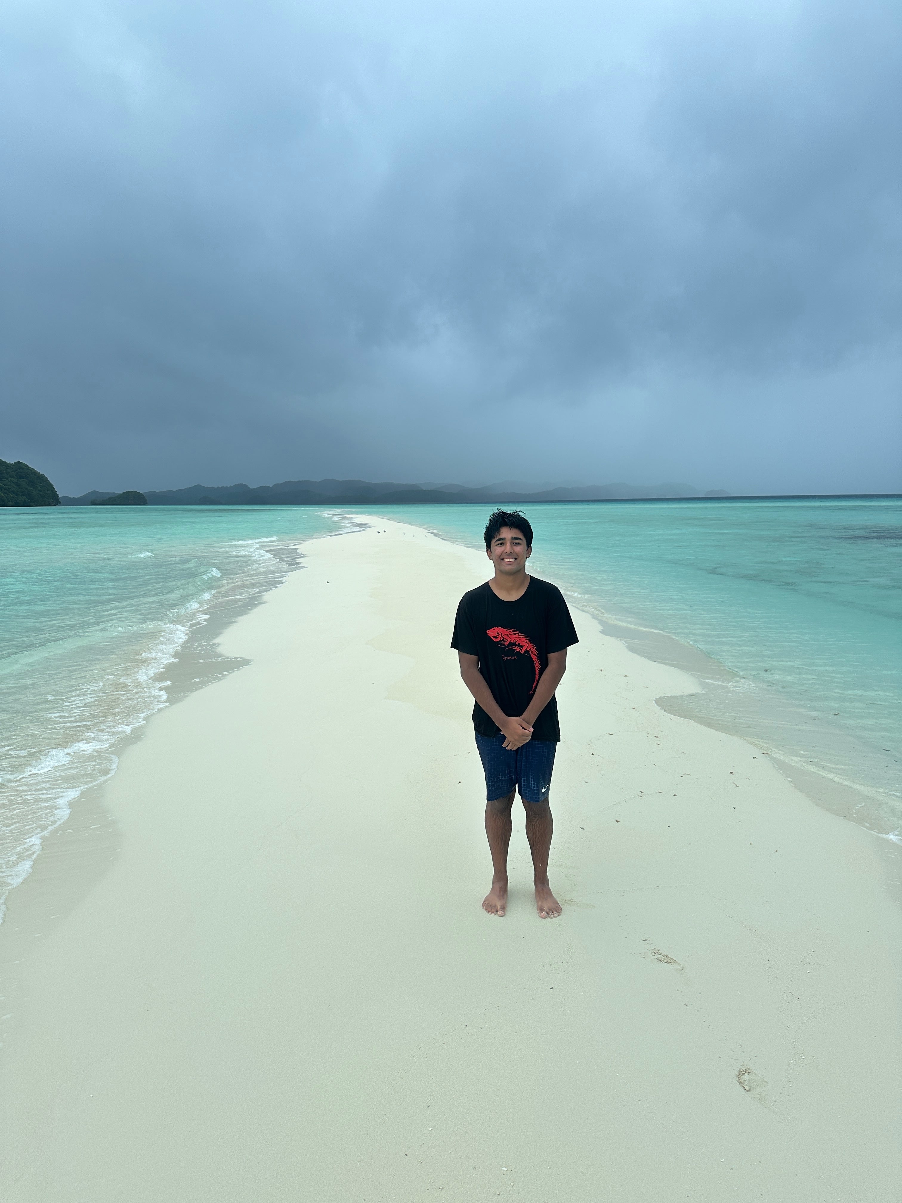 Arjun pictured 'at a unique sand bank' in Palau, in the Western Pacific Ocean. He went freediving there and described the marine life as 'beautiful'