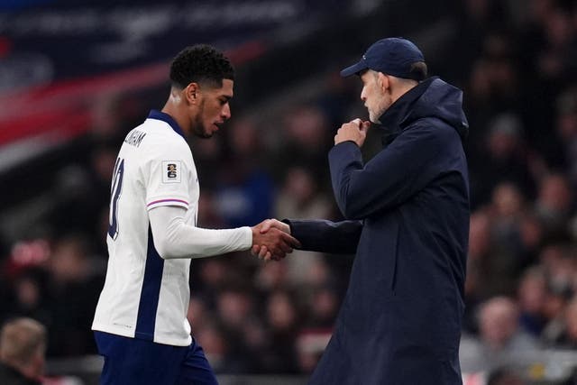 <p>Thomas Tuchel (right) has told Jude Bellingham (left) what he expects for a recall</p>