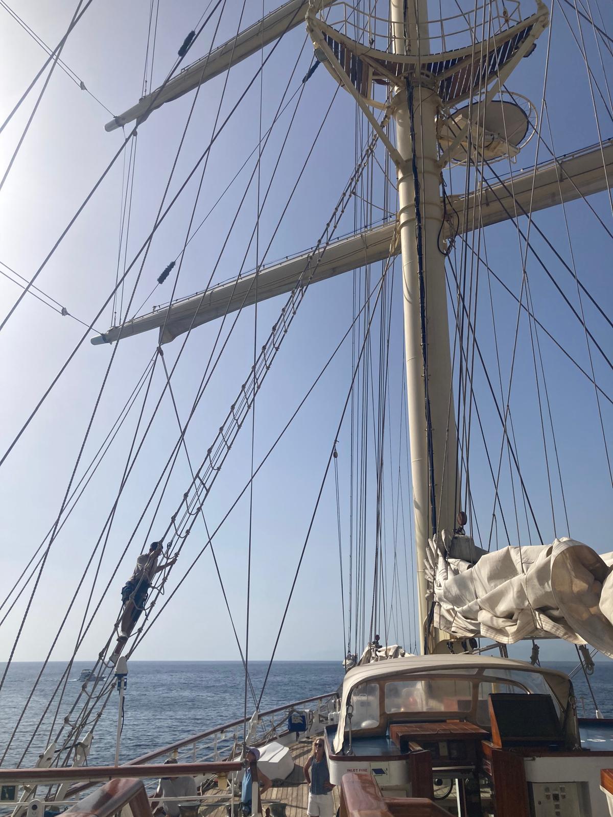 Marc Shoffman attempts the climb to the crow’s nest aboard Star Clipper