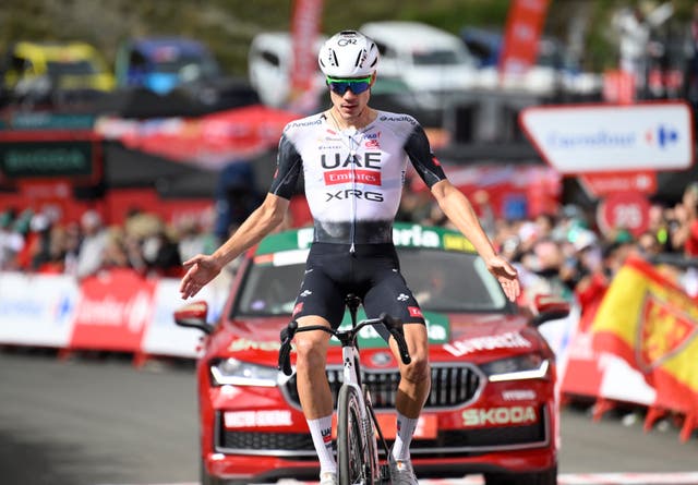 <p>Juan Ayuso crossed the line first in stage seven of the Vuelta a Espana</p>
