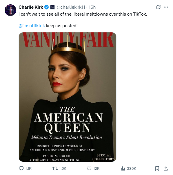 MAGA influencers such as Charlie Kirk celebrated a fake Vanity Fair cover featuring the first lady, adding that they looked forward to ‘all of the liberal meltdowns’ over it.