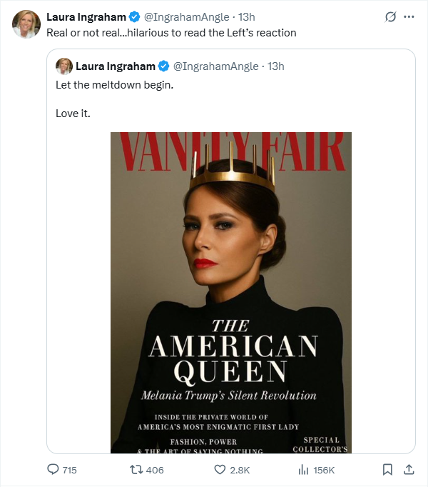 Fox News host Laura Ingraham shared the AI-generated photo of Melania Trump's Vanity Fair cover, adding that it was ‘hilarious’ even if it was ‘not real.’