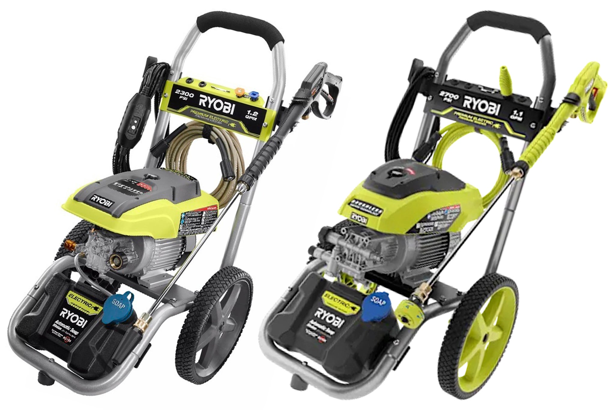 The Ryobi RY142300 - Electric 2300 PSI Pressure Washer, left, and the Ryobi RY142711VNM