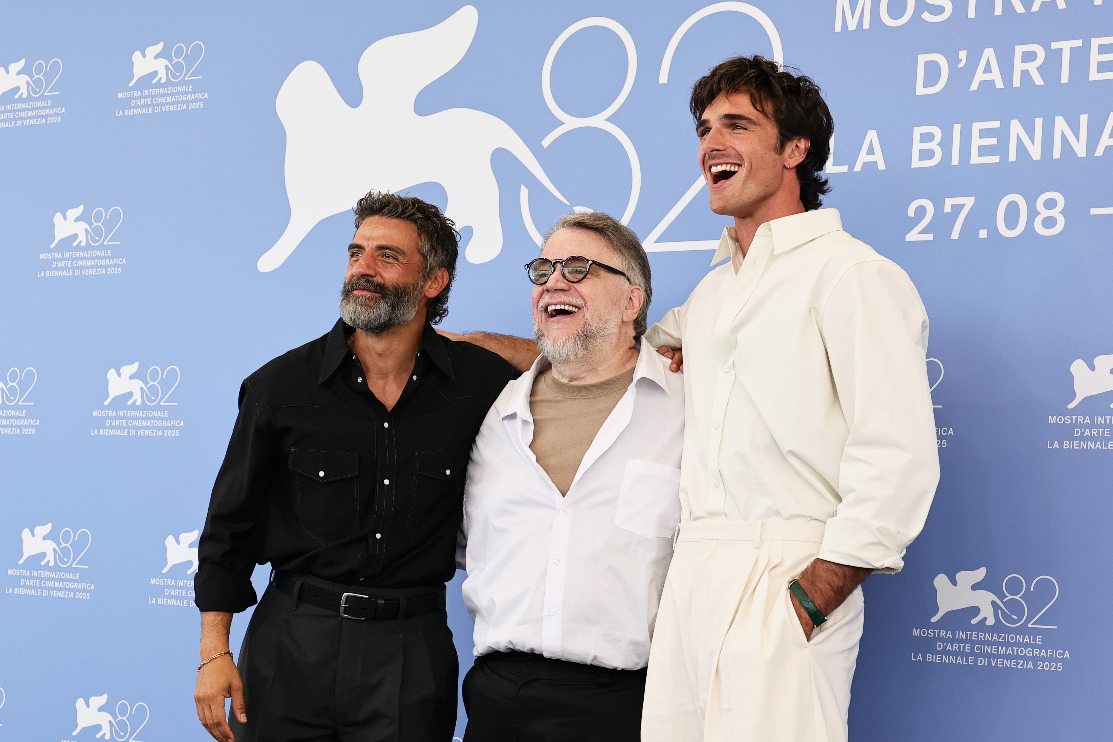 Oscar Isaac, Guillermo del Toro and Jacob Elordi attend the 'Frankenstein' premiere at the Venice Film Festival