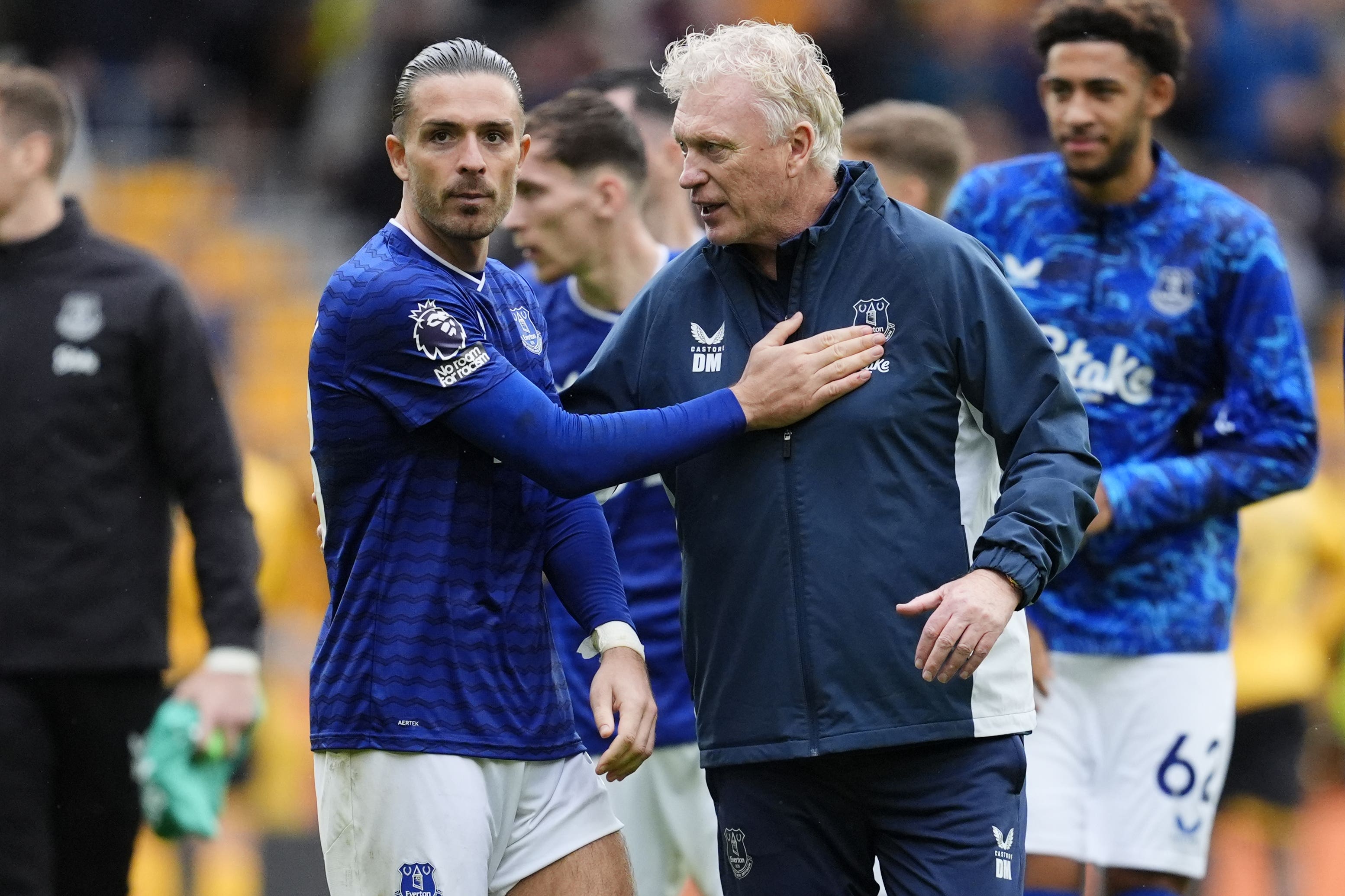 Everton’s Jack Grealish (left) celebrates with manager David Moyes (Nick Potts/PA)