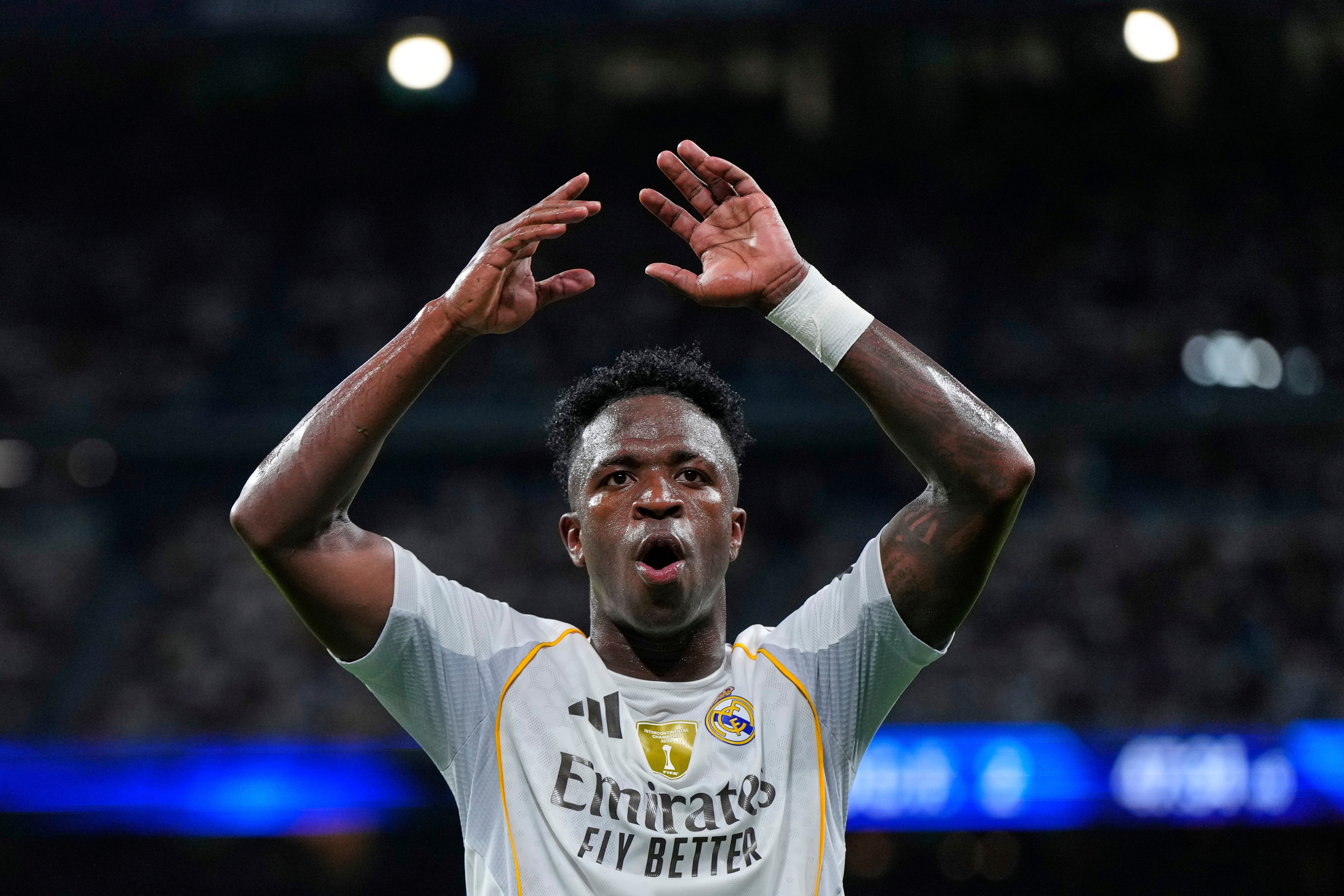 Real Madrid’s Vinicius Junior celebrates scoring his match-winner (Manu Fernandez/AP)
