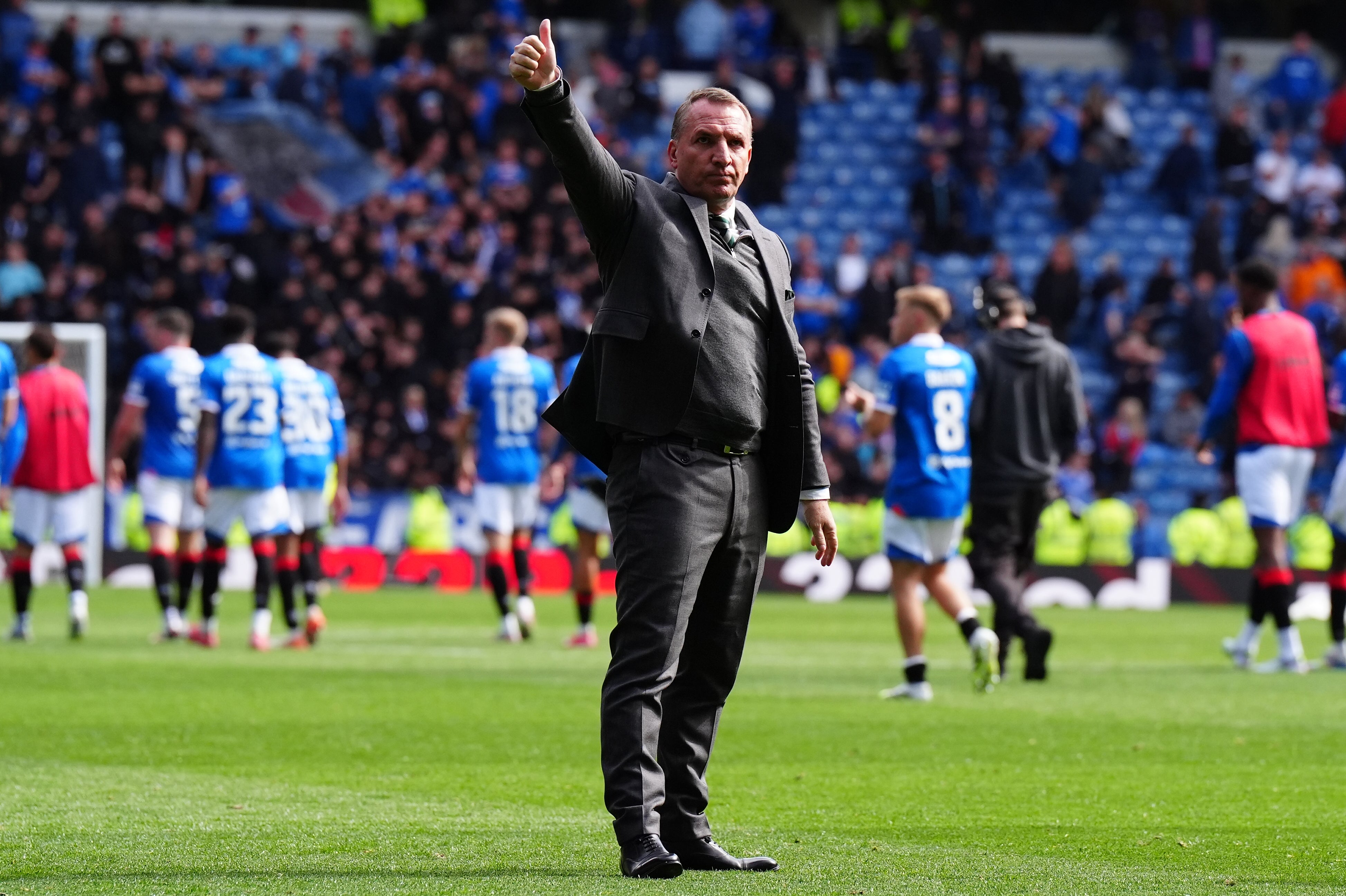 Rodgers gives his thumbs up to the away end