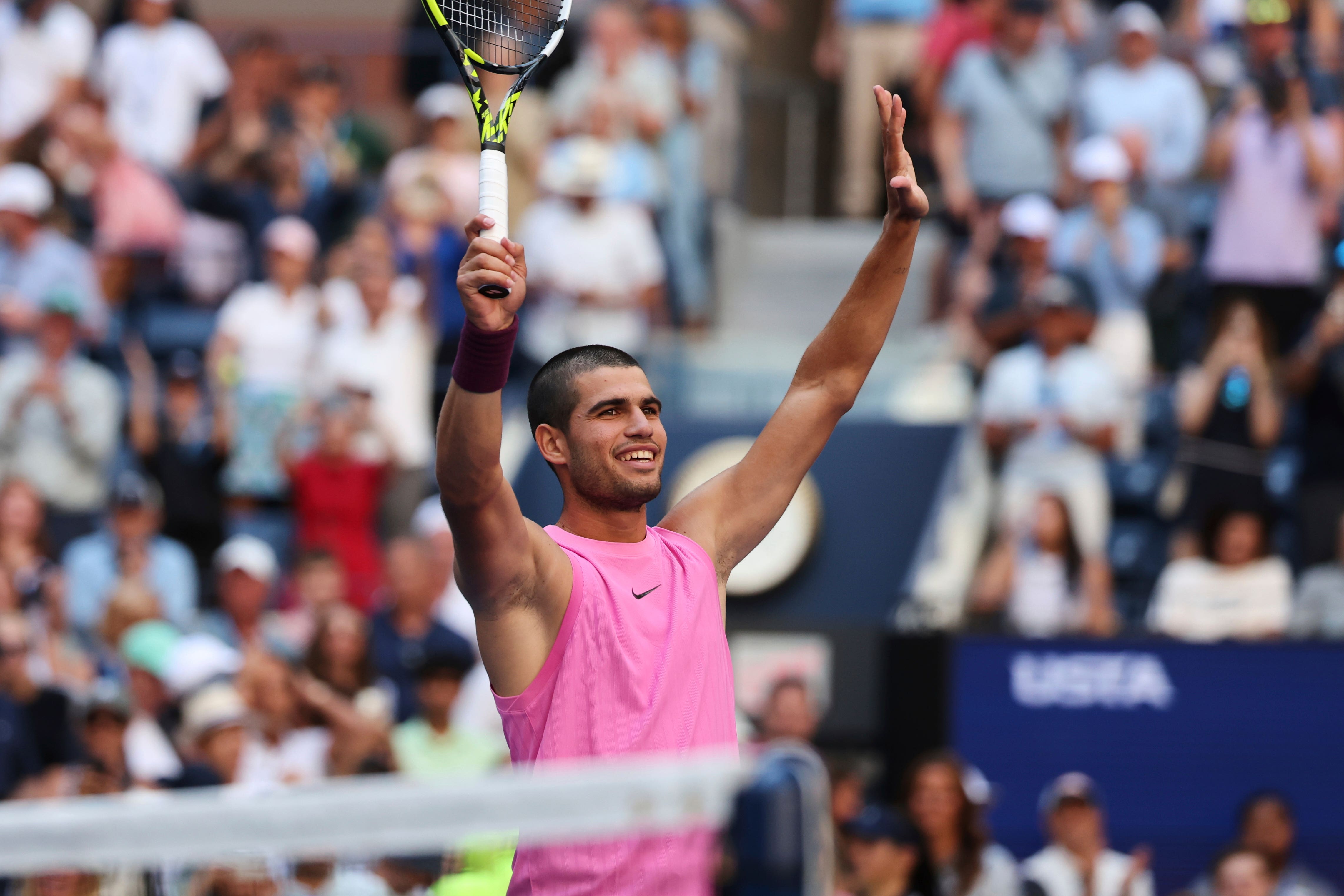 Carlos Alcaraz celebrates beating Arthur Rinderknech (Heather Khalifa/AP)