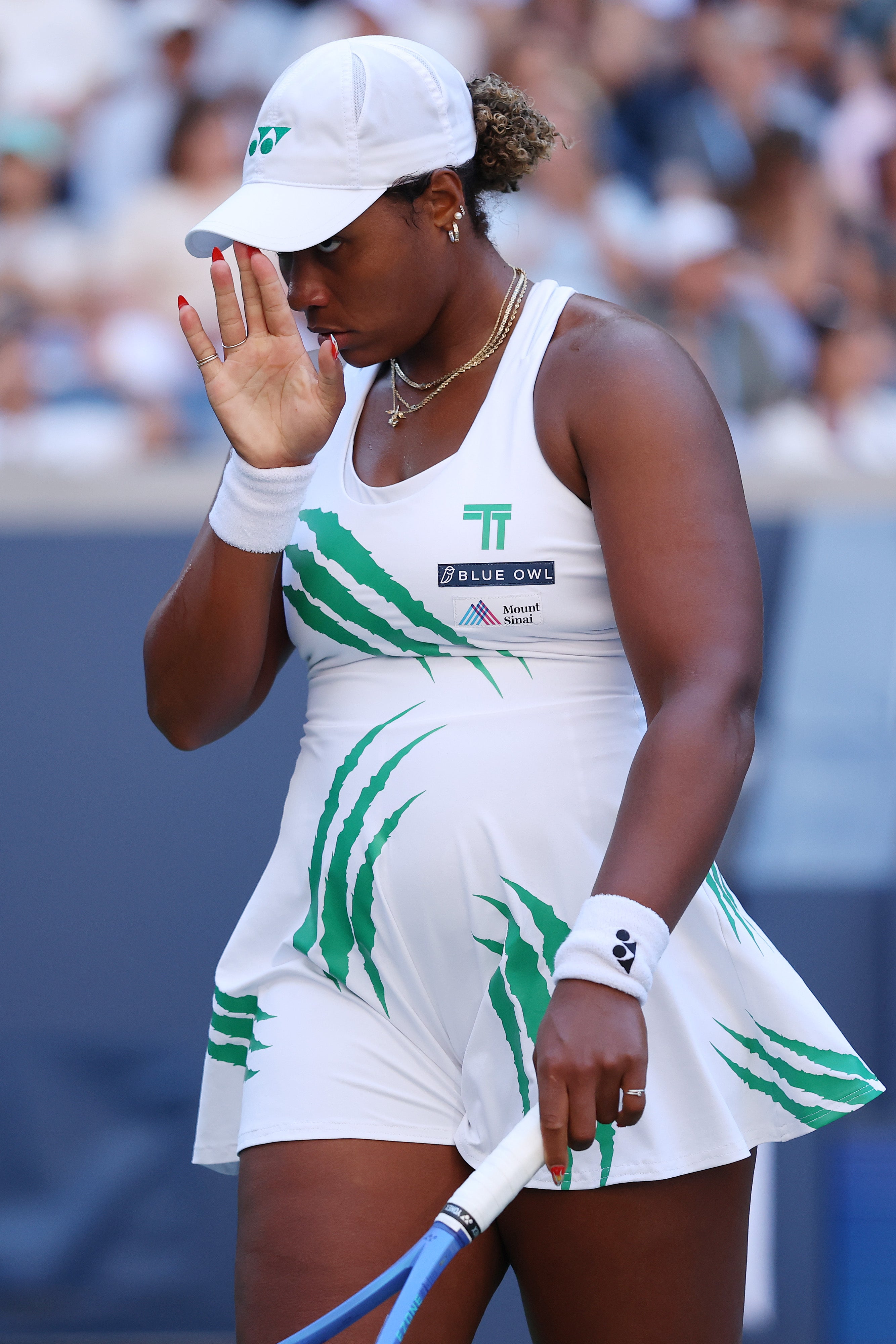Townsend's white dress with green claw marks felt distracting during her August 31 match, even if the color scheme was spot on for the U.S. Open
