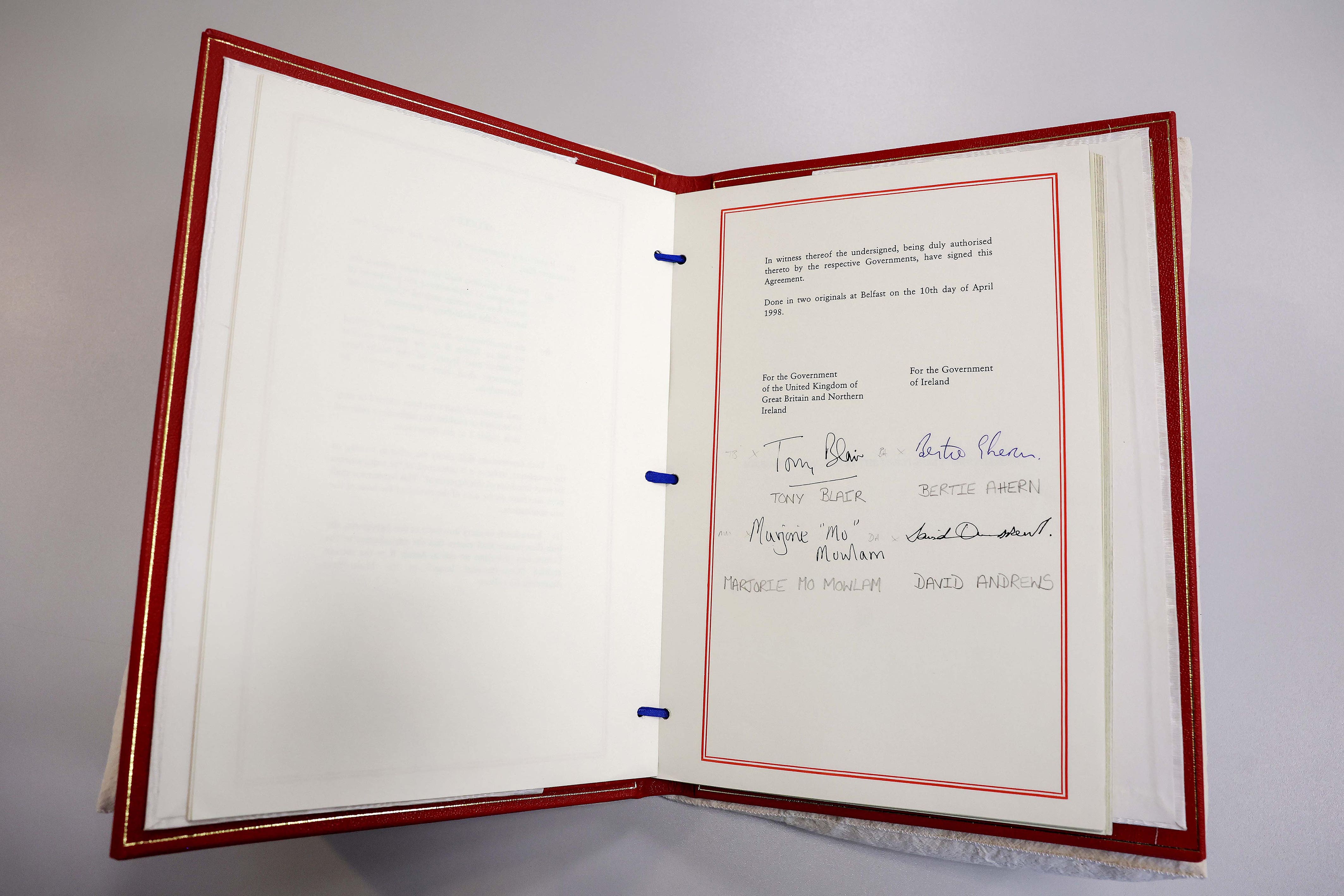 The original UK Government’s signed copy of the Belfast/Good Friday Agreement showing the signatories of the former prime minister Tony Blair, former taoiseach Bertie Ahern, former secretary of state for Northern Ireland Mo Mowlam and former Irish minister for foreign affairs David Andrews (UK Government/PA)