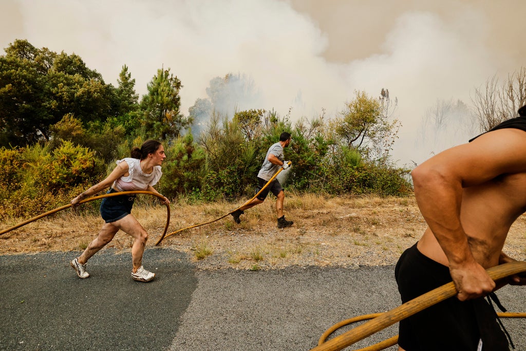 Local residents and volunteers work together to put out an encroaching wildfire in Larouco, northwestern Spain