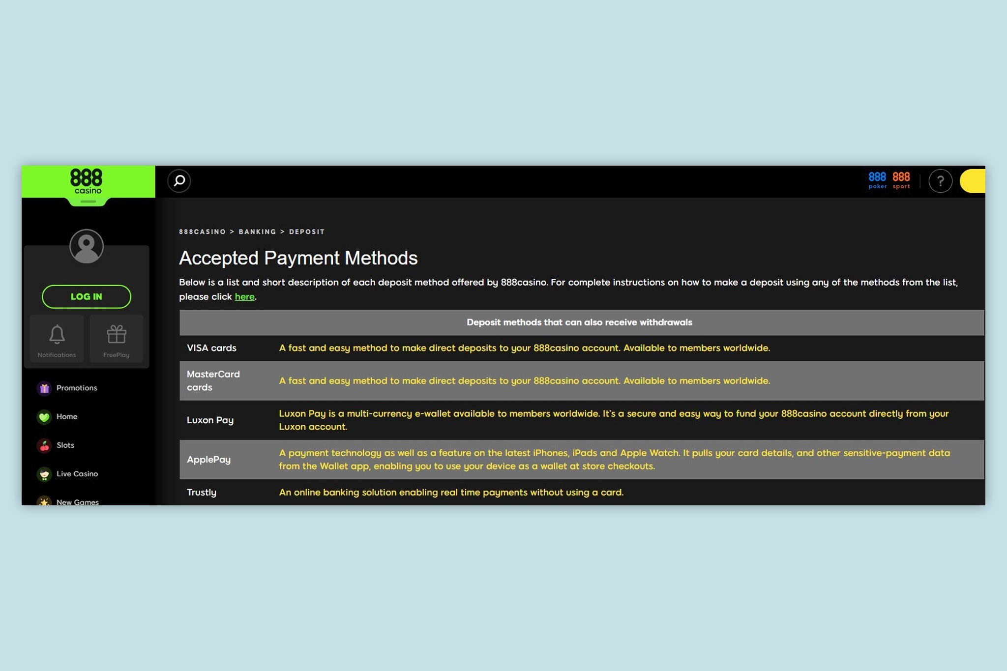 888 Casino gives an explanation of its fast withdrawal options, although it doesn’t include estimated times