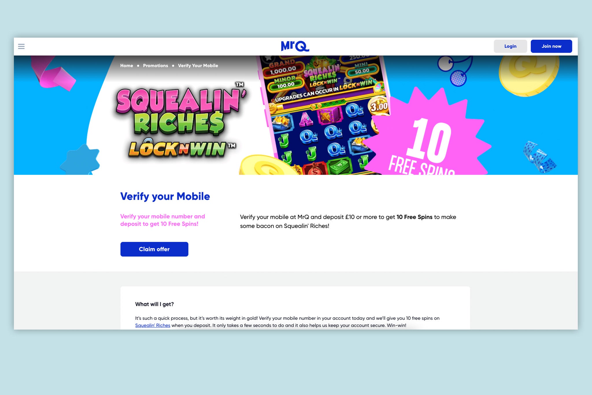 Mr Q offers free spins for verifying your mobile device