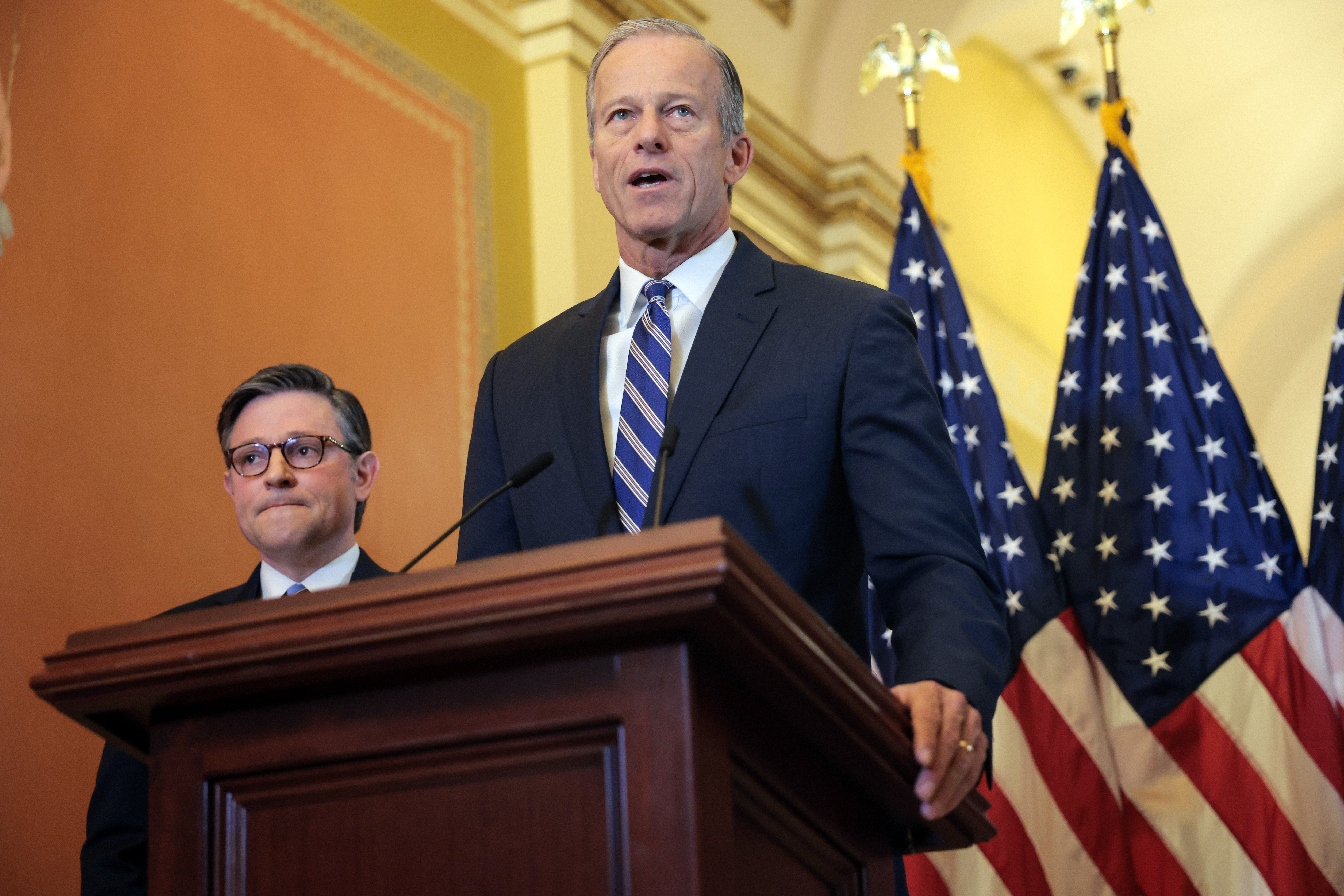 U.S. Senate Majority Leader John Thune (R-SD) (R) and Speaker of the House Mike Johnson (R-LA) hhave a full plate when Congress returns.