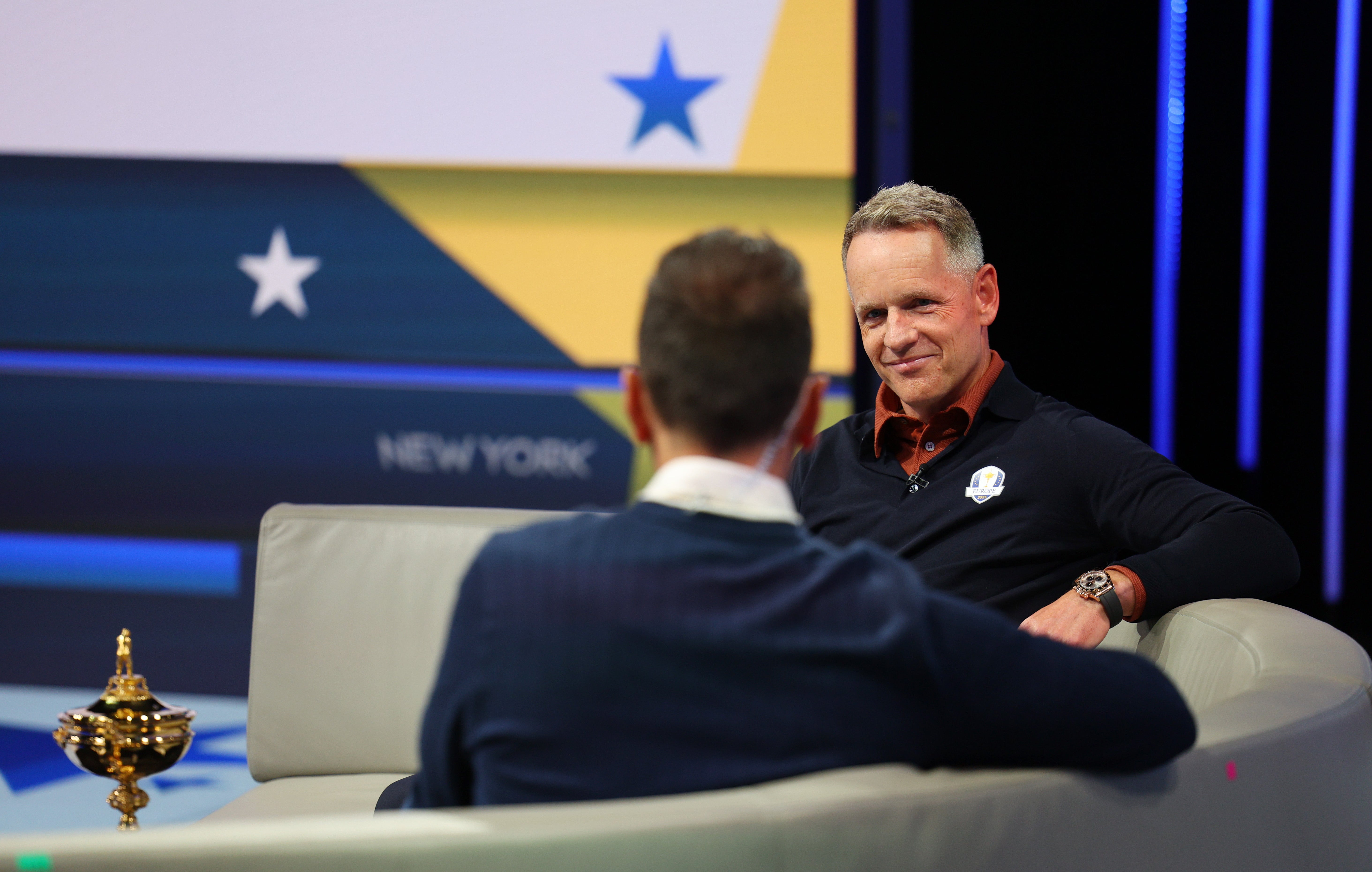 Donald speaks with Sky Sports presenter Nick Dougherty during the announcement of the European Ryder Cup captain’s picks