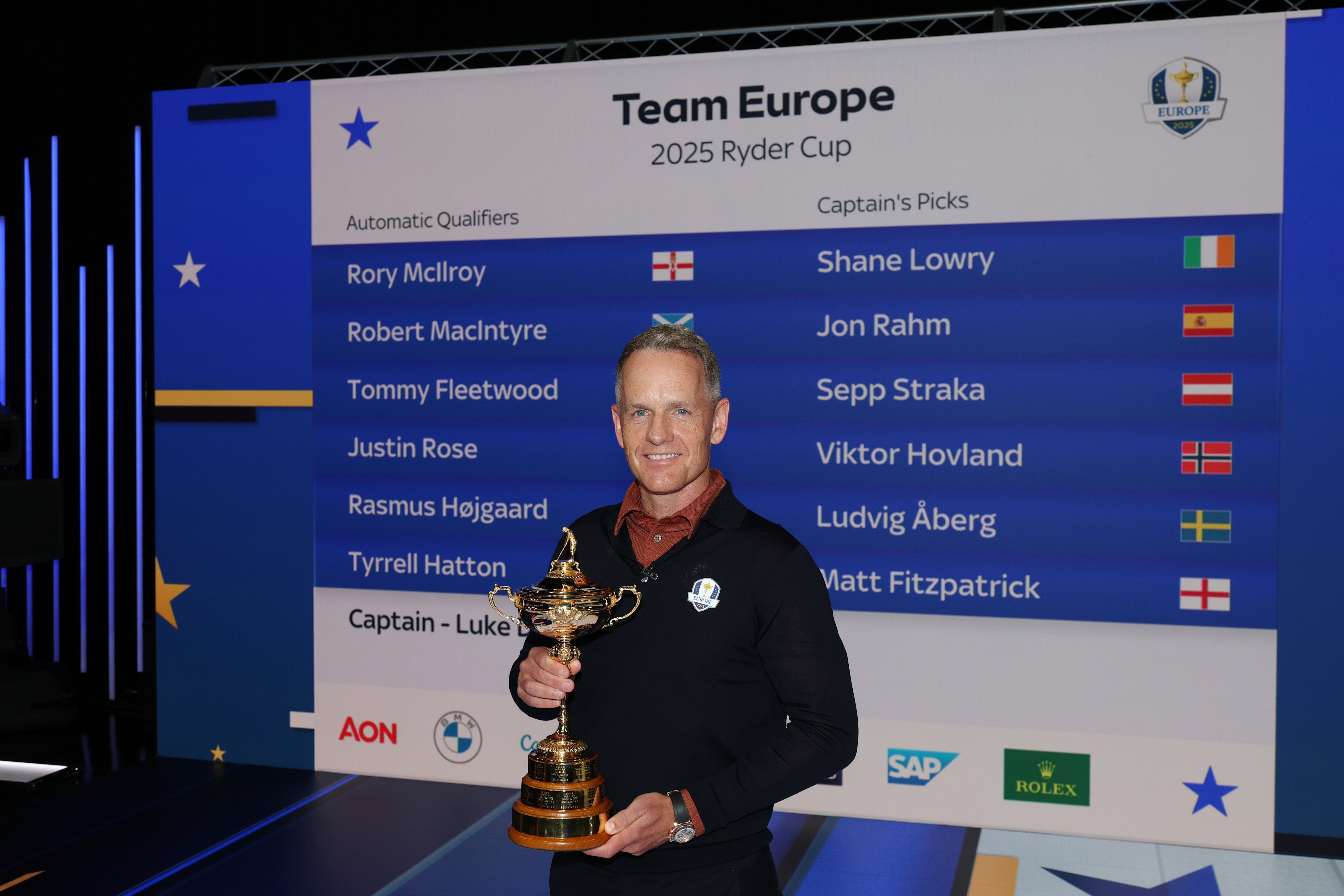 Luke Donald with the Ryder Cup trophy in front of the twelve names selected for Team Europe