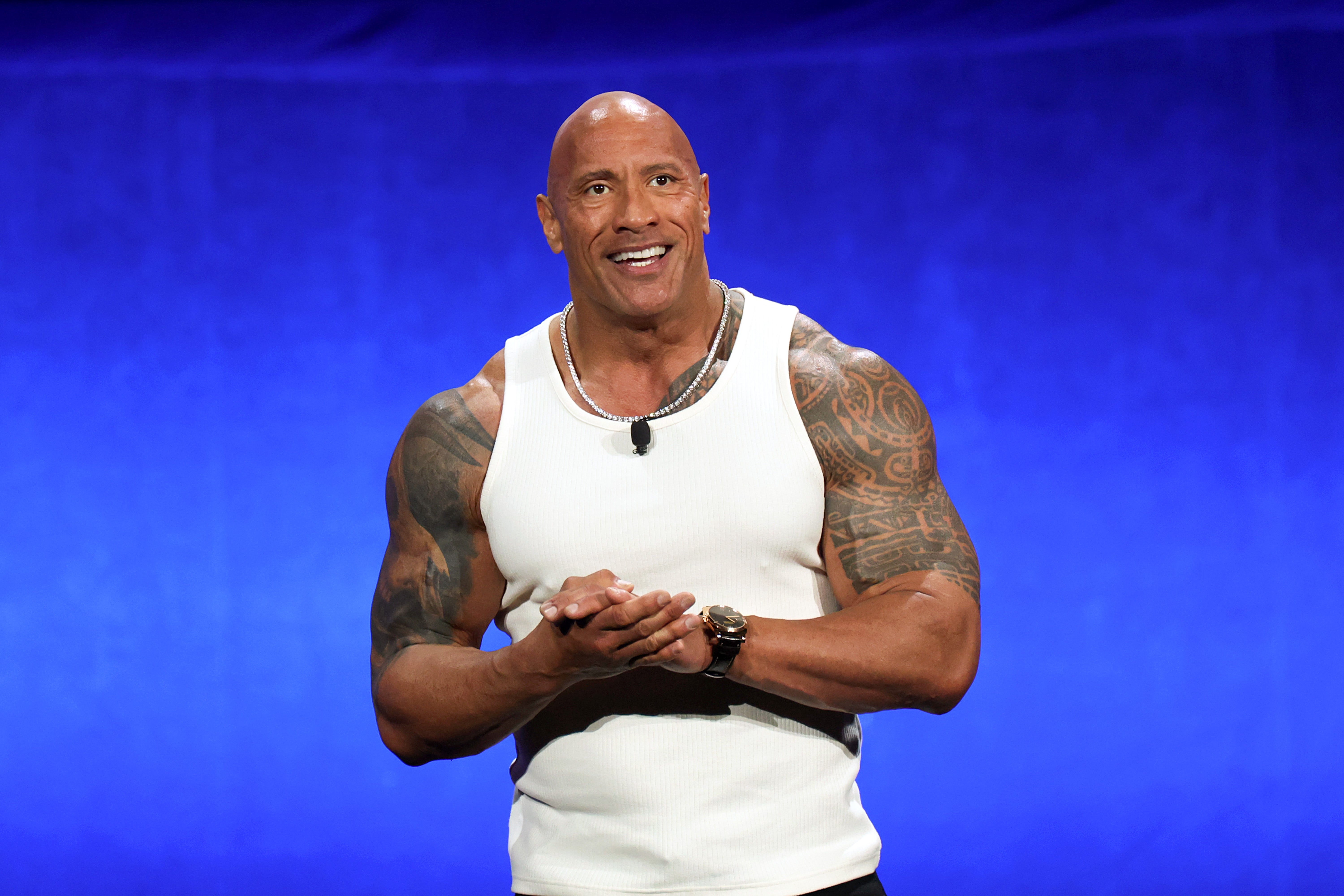Dwayne Johnson speaking in Las Vegas on April 11, 2024