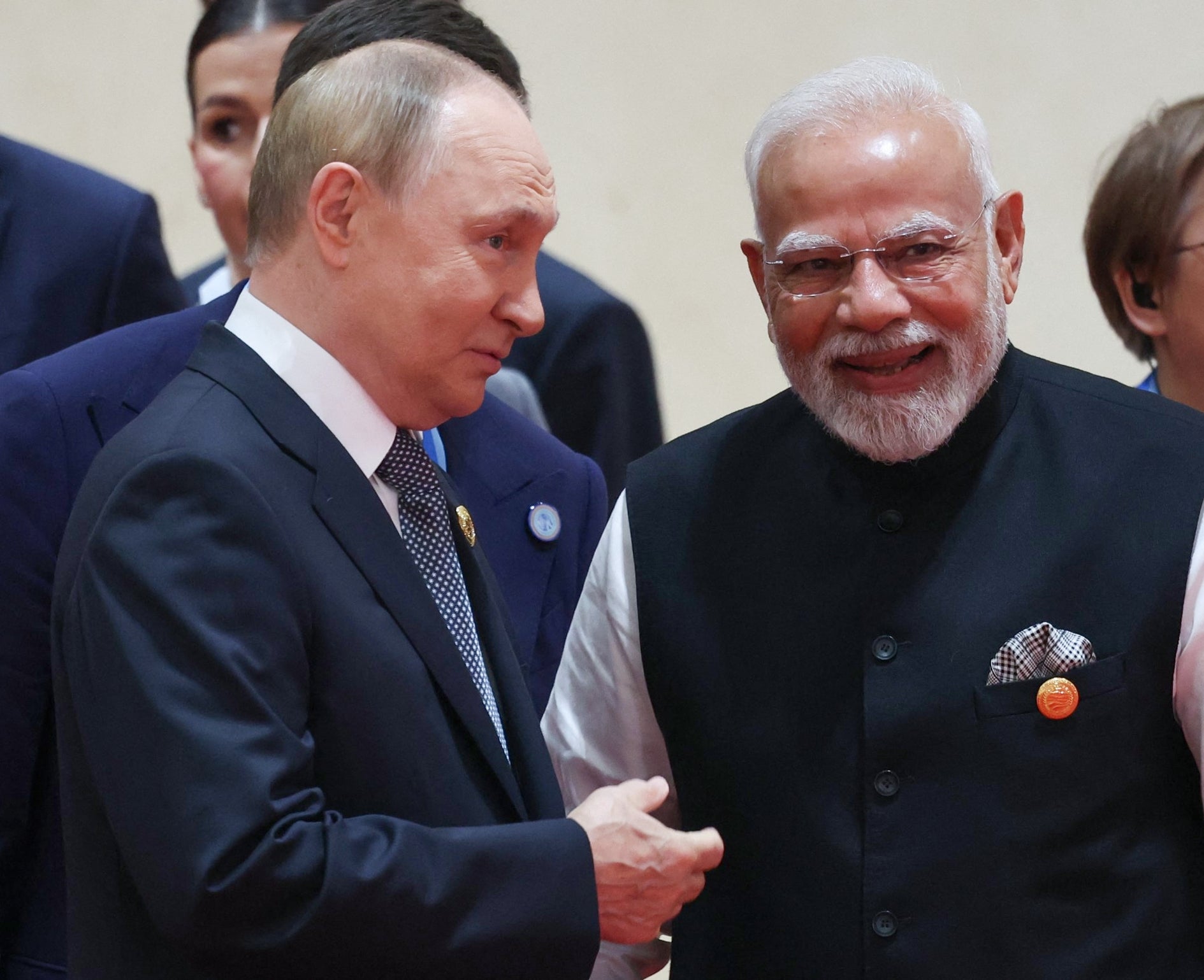 Russia's president Vladimir Putin speaks with Indian prime minister Narendra Modi during the Shanghai Cooperation Organisation (SCO) Summit in Tianjin on 1 September 2025