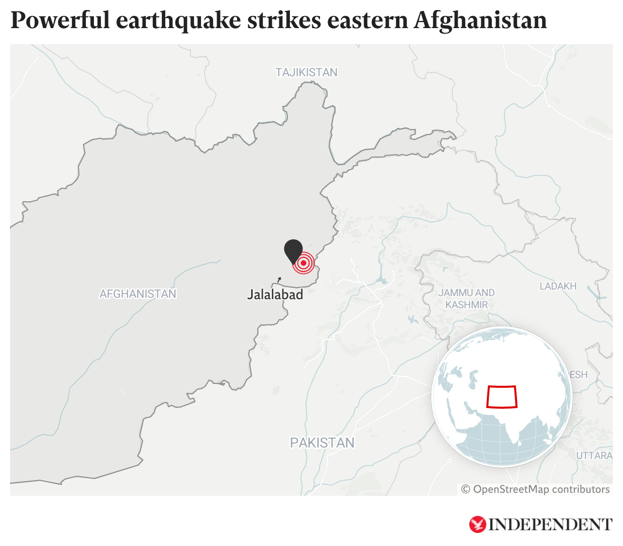 Map shows area close to Jalalabad where the 6.0 magnitude earthquake struck