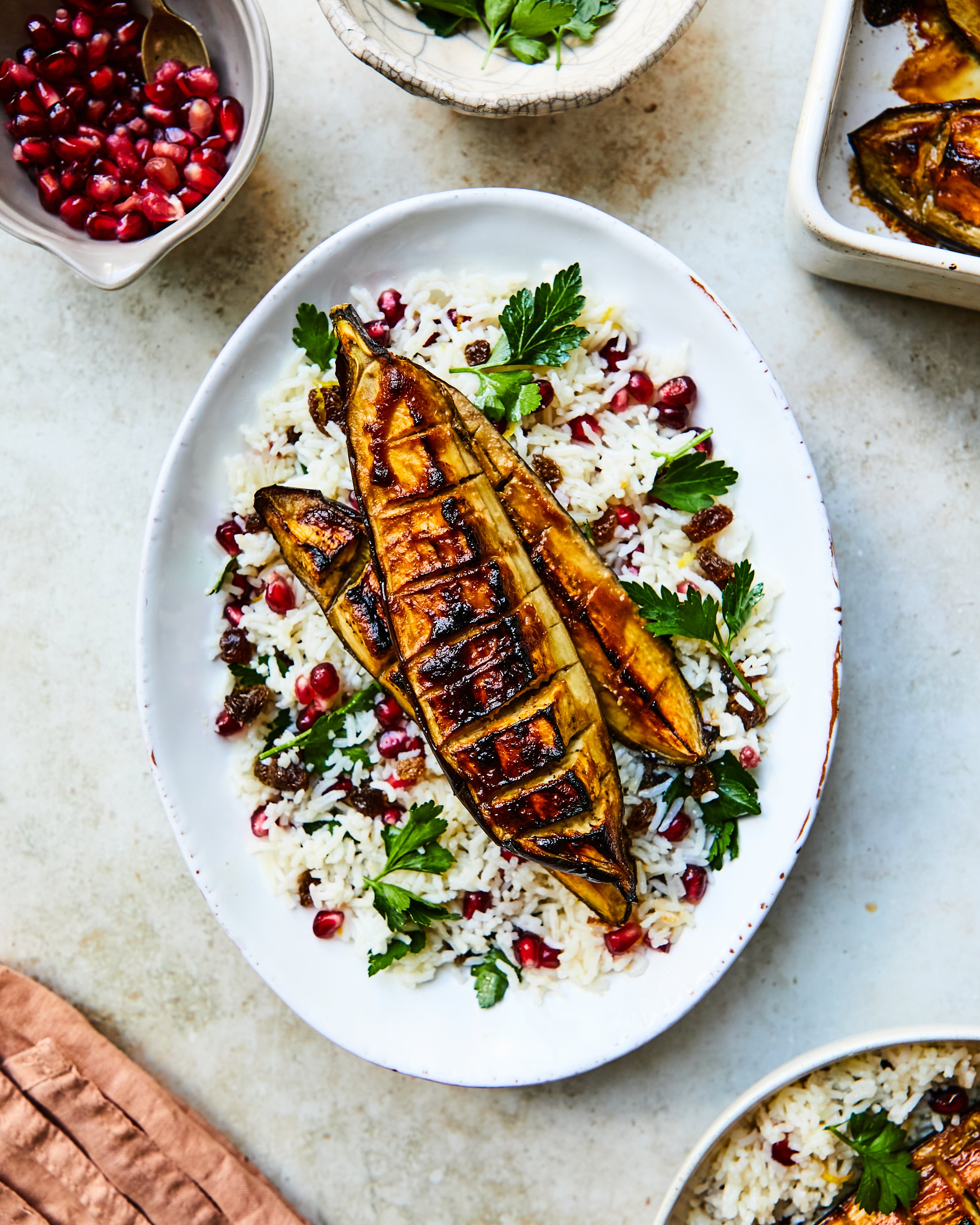 Proof that plant-based doesn’t mean boring – glossy aubergine, sweet pops of pomegranate and basmati’s perfume make this a Friday-night showstopper