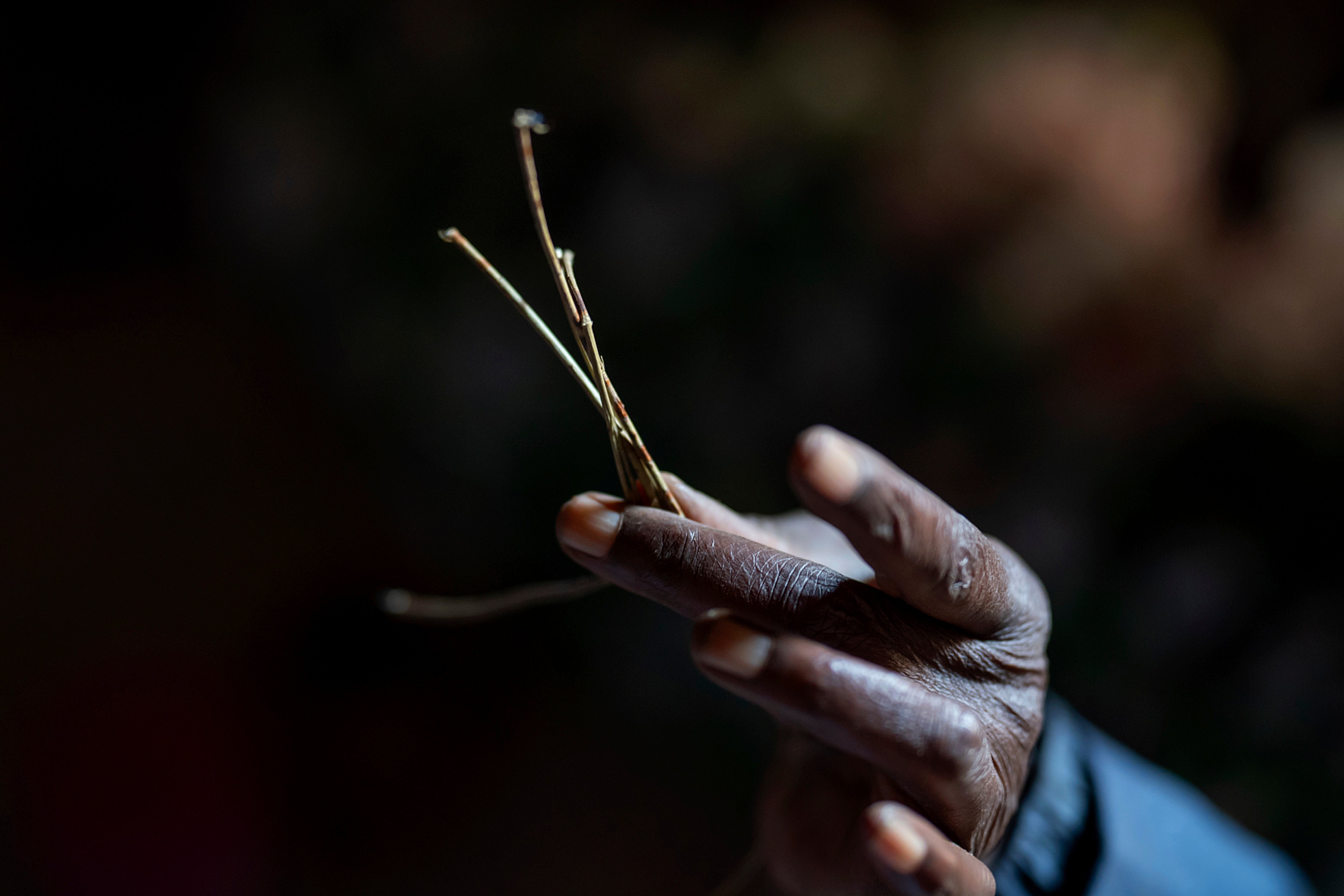 Witch doctor Fredianah Tibeijuka holds twigs she uses as tools of her trade to heal people