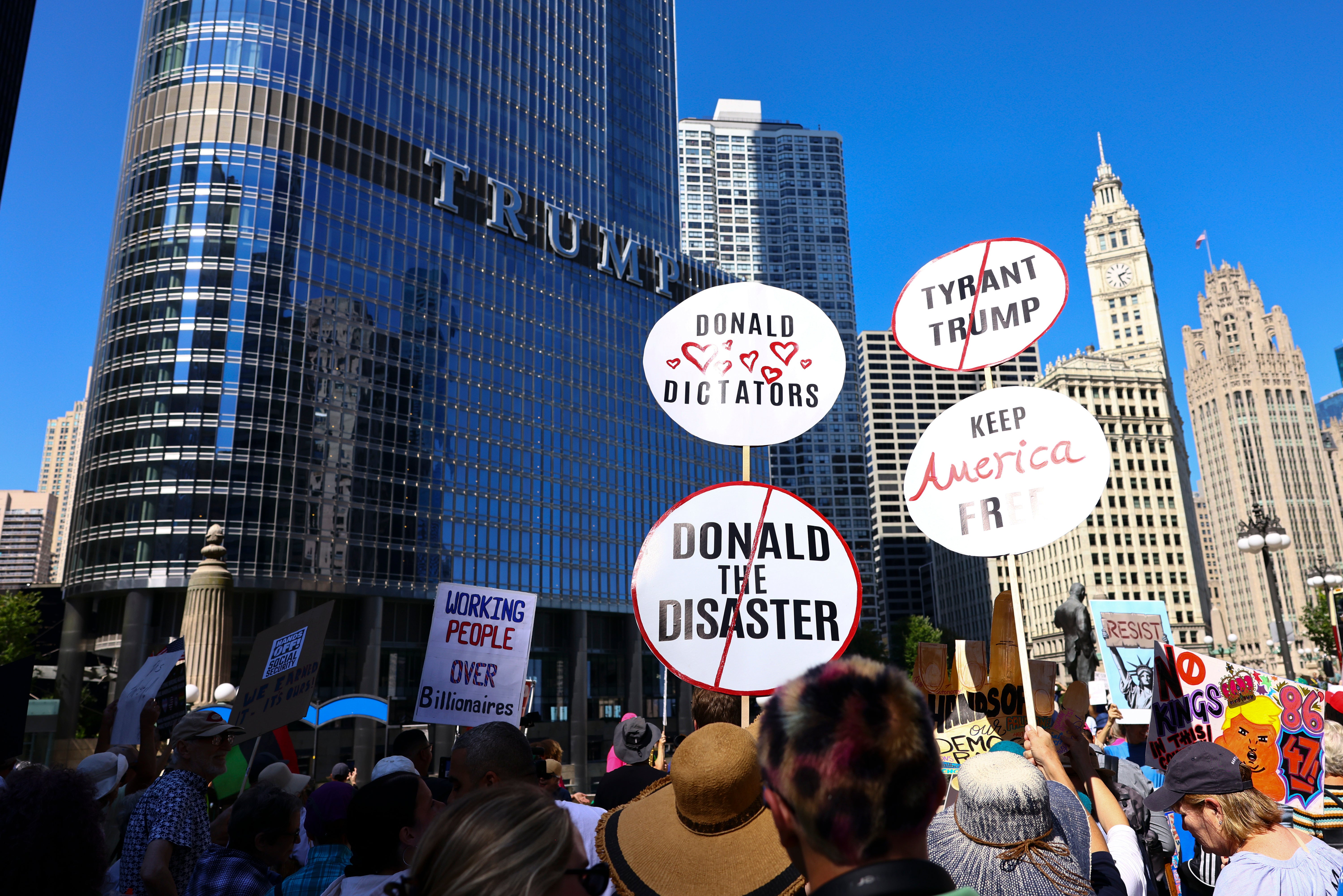 People rally outside Trump Tower in Chicago on Labor Day