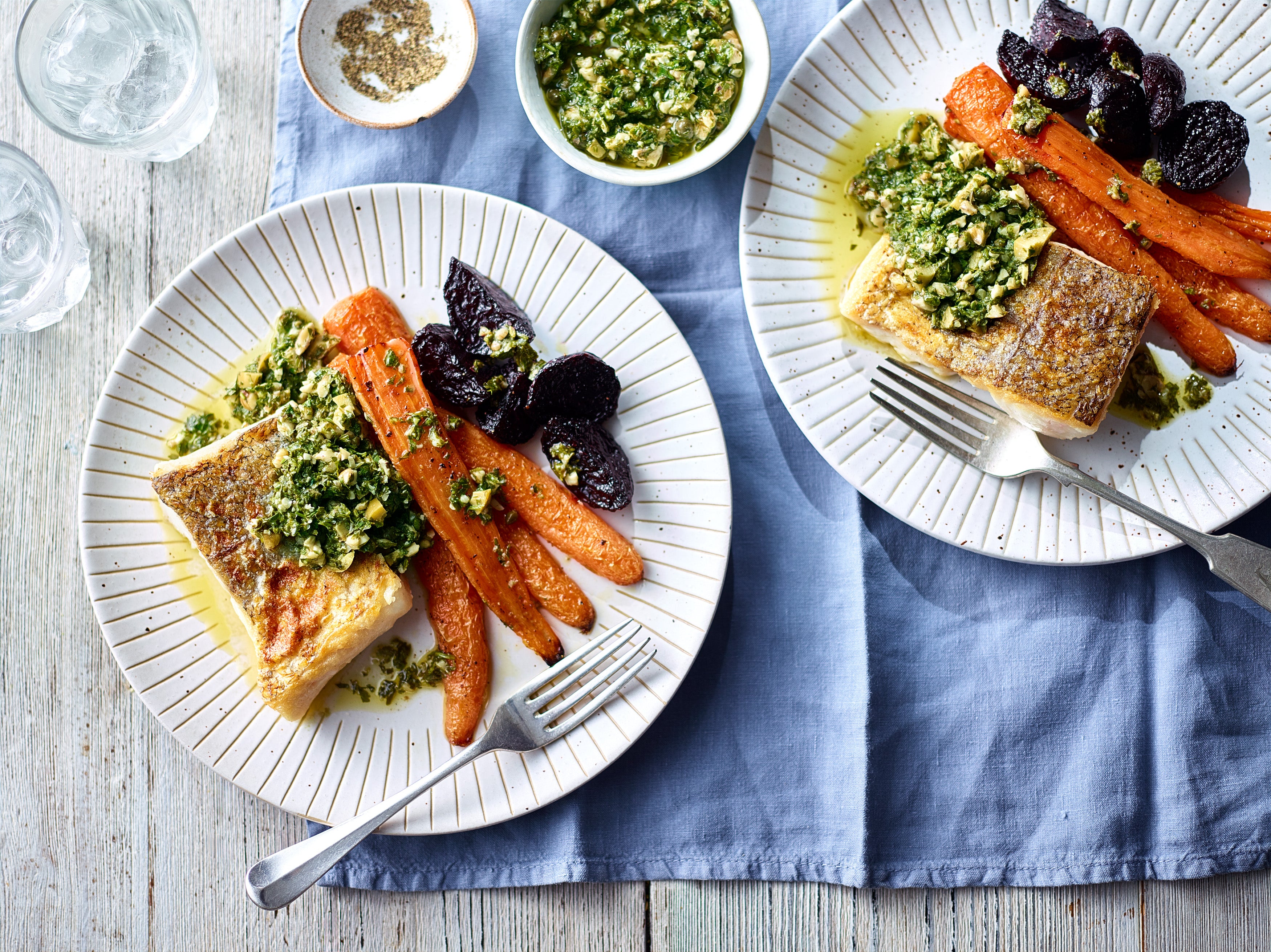 Herb-flecked salsa verde and crunchy walnuts bring a microbiome boost to this simple fish supper