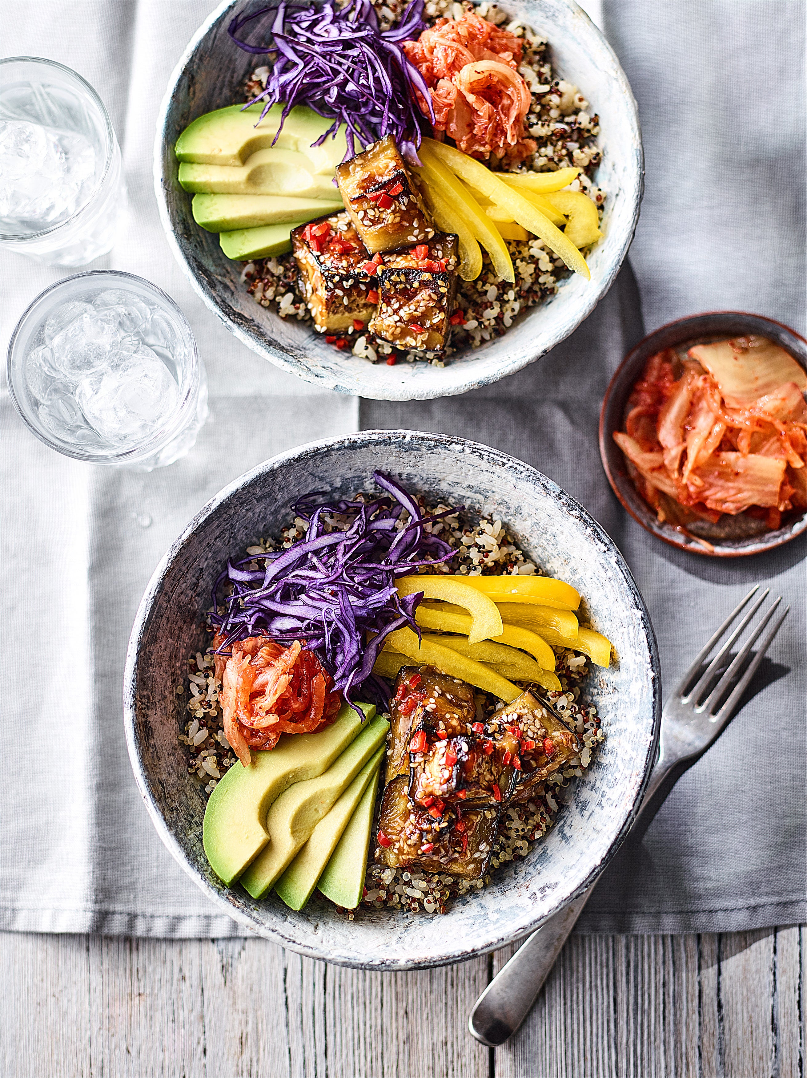 A rainbow in a bowl – fibre-rich grains, sticky aubergine and live kimchi for a gut-loving lunch