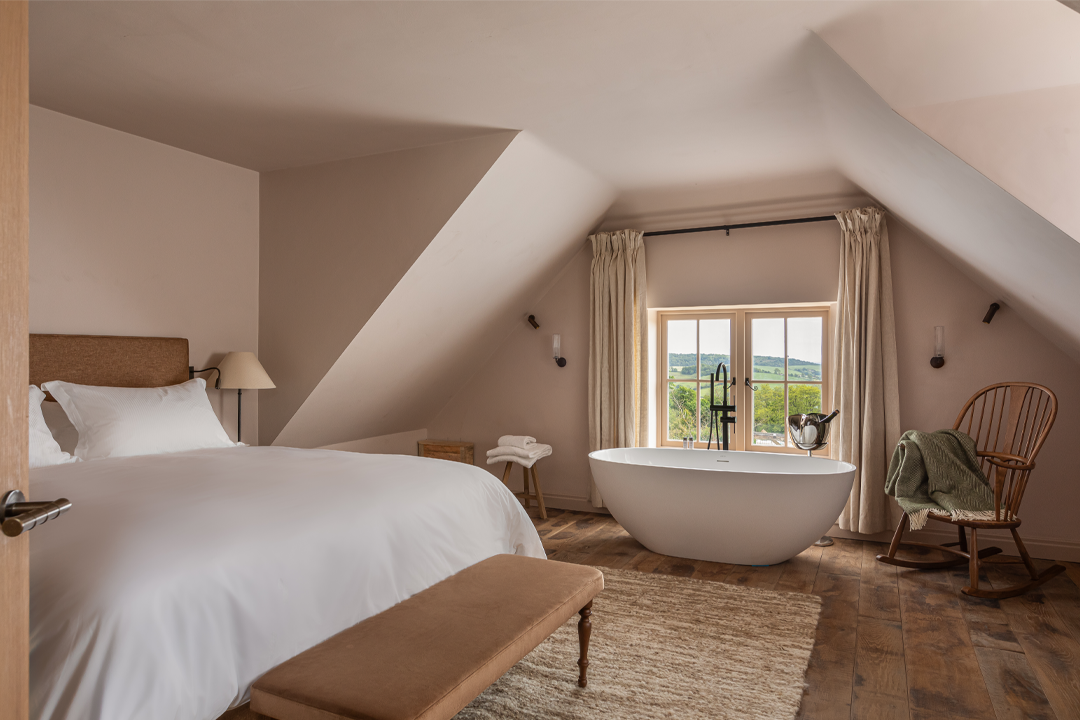 The bedrooms are split between the main house, shepherd’s huts and converted stable block