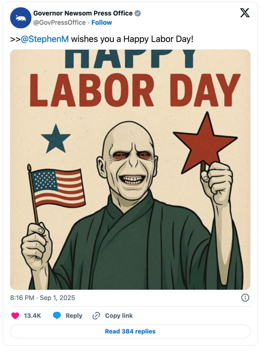 Newsom also sent up White House Deputy Chief of Staff Stephen Miller by comparing her to Lord Voldemort from Harry Potter