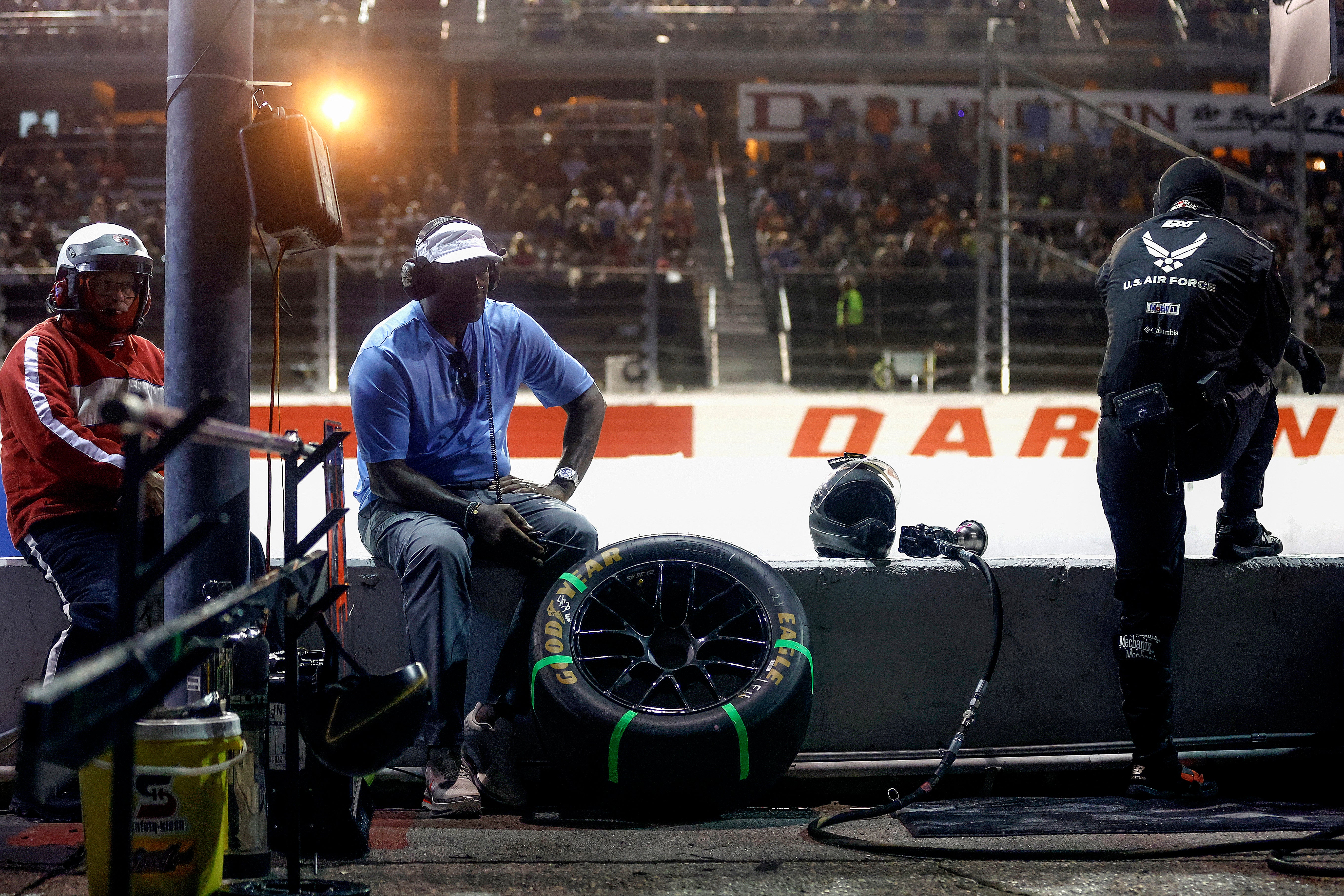 Michael Jordan listens to Sunday’s race on pit road at Darlington Raceway