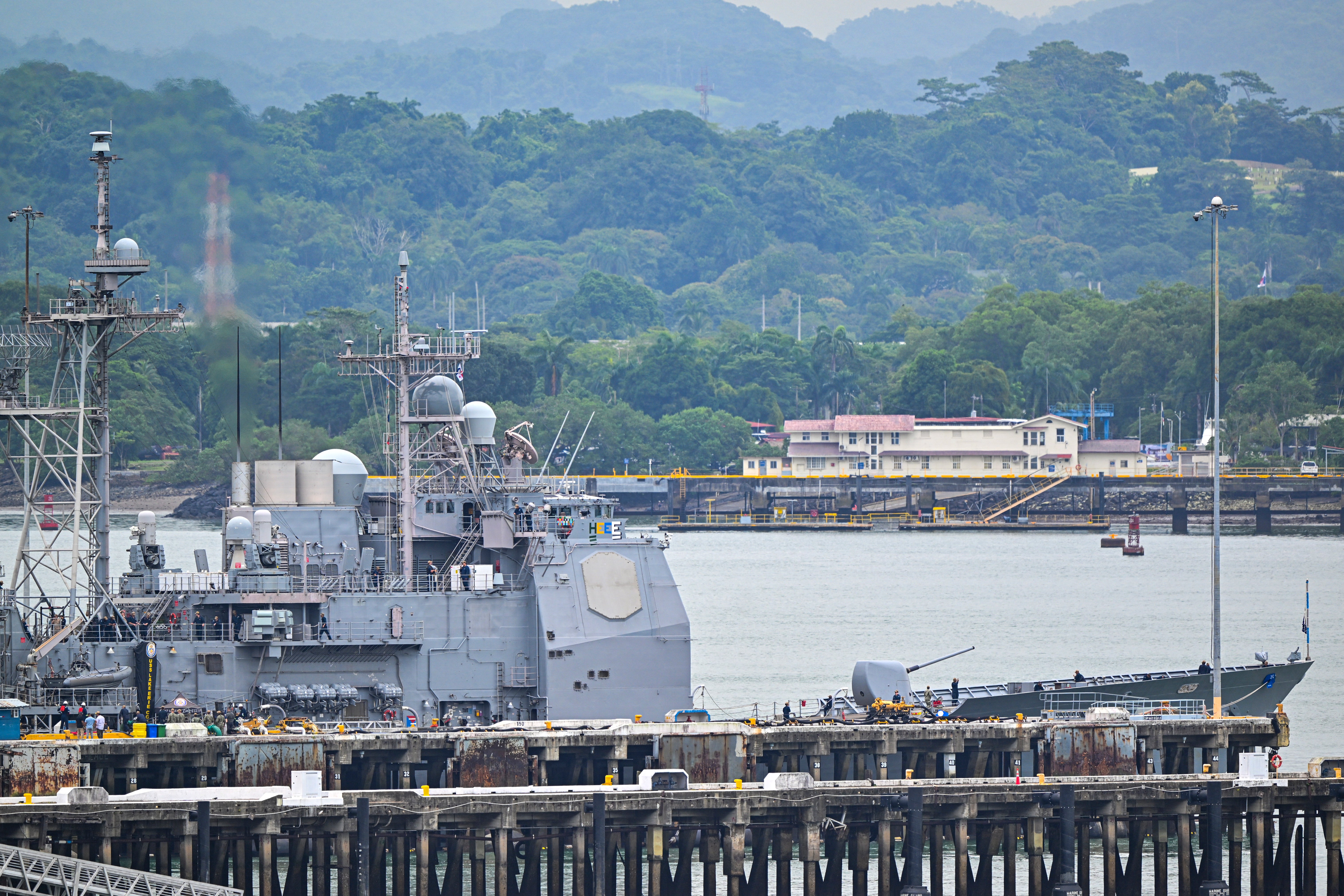 The US Navy warship USS Lake Erie (CG 70) docks at the Port of Balboa in Panama City