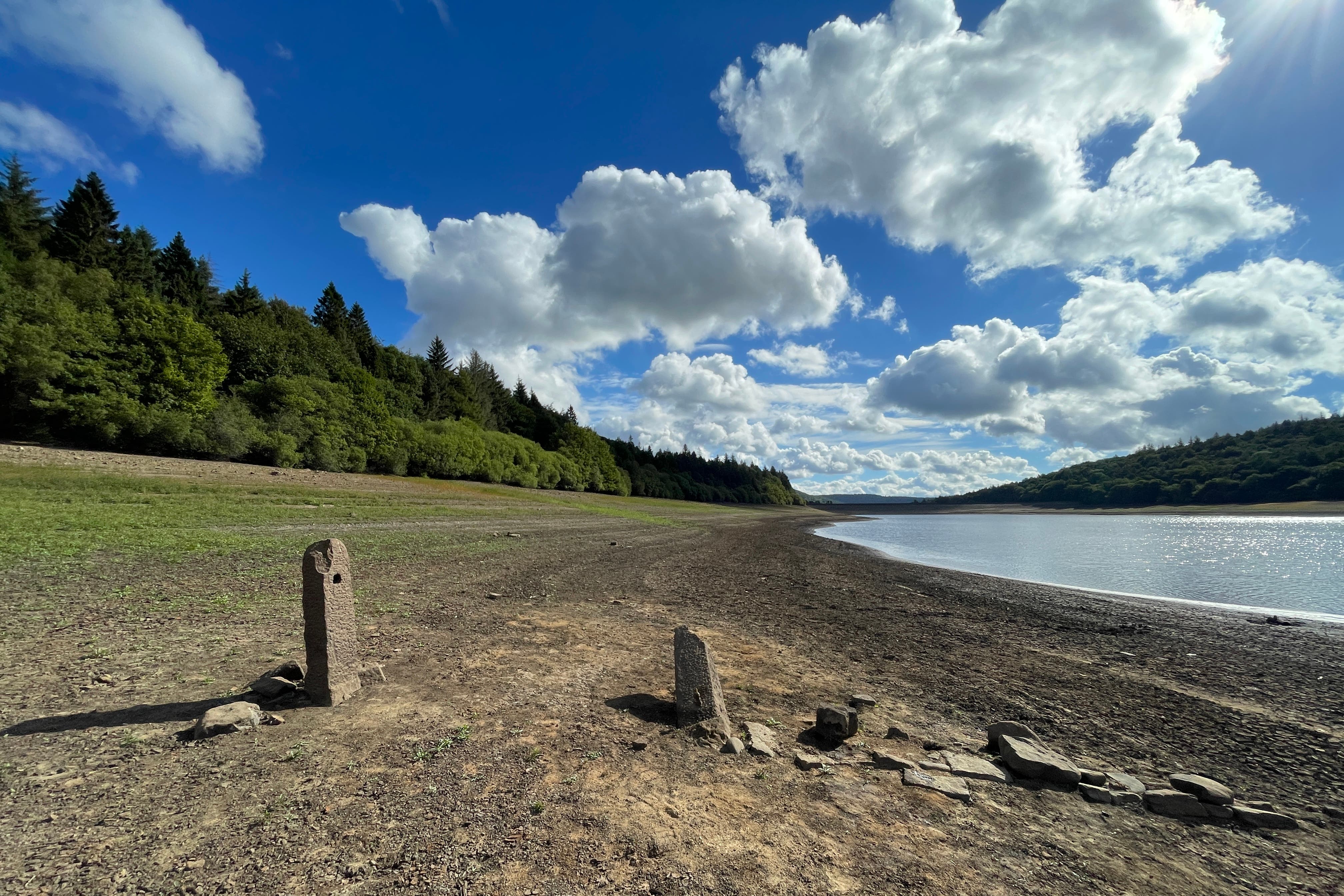 Gate posts revealed by low water levels in Broomhead Reservoir, near Sheffield