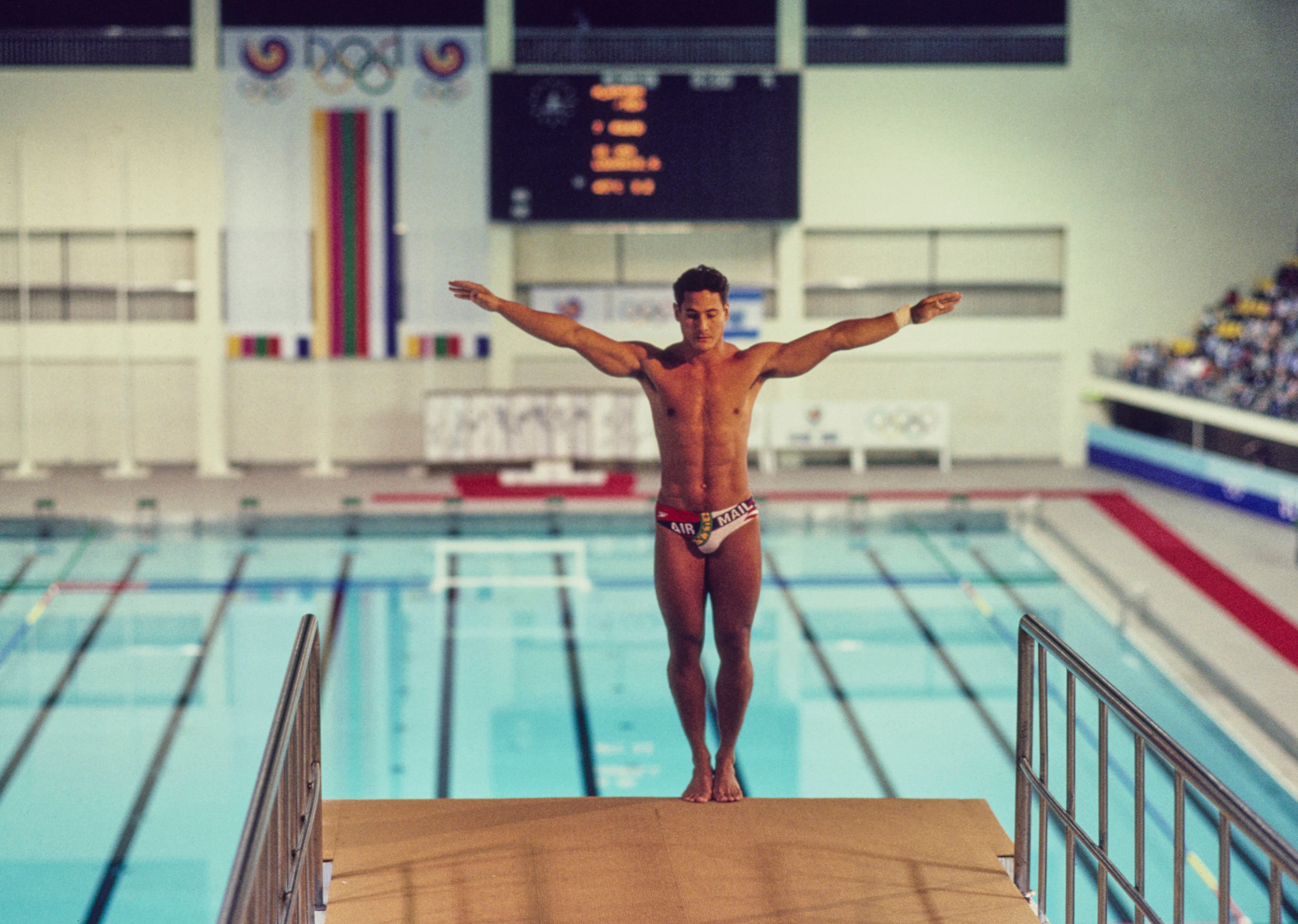 Louganis prepares to dive at the 1988 Olympic games in Seoul, South Korea
