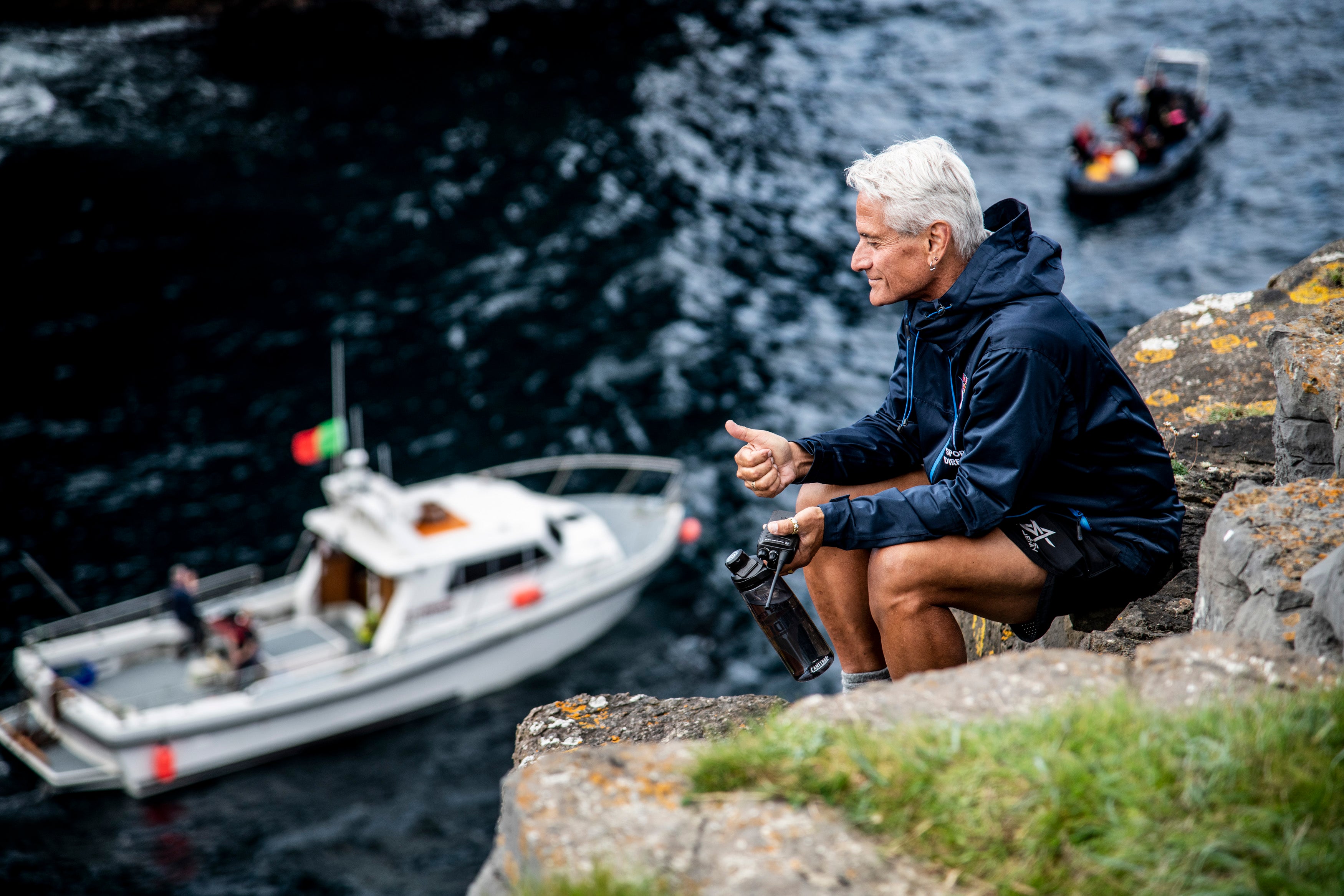 Greg Louganis of the USA reacts during the final competition day of the fourth stop of the Red Bull Cliff Diving World Series