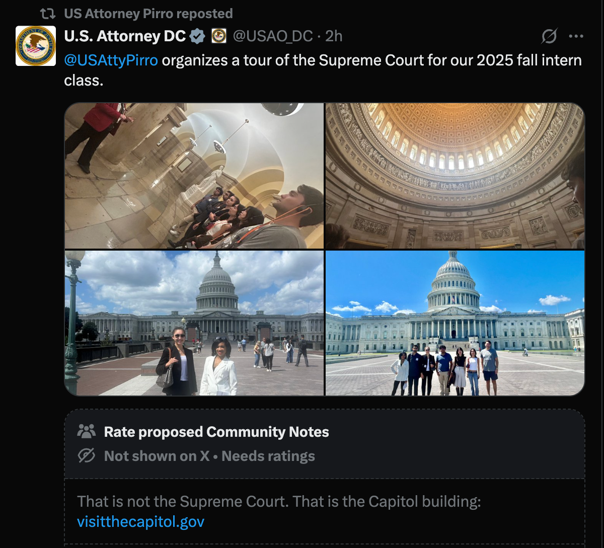 A screenshot from the now-deleted post shows US Attorney Jeanine Pirro re-posting a tweet from her office claiming they toured the Supreme Court