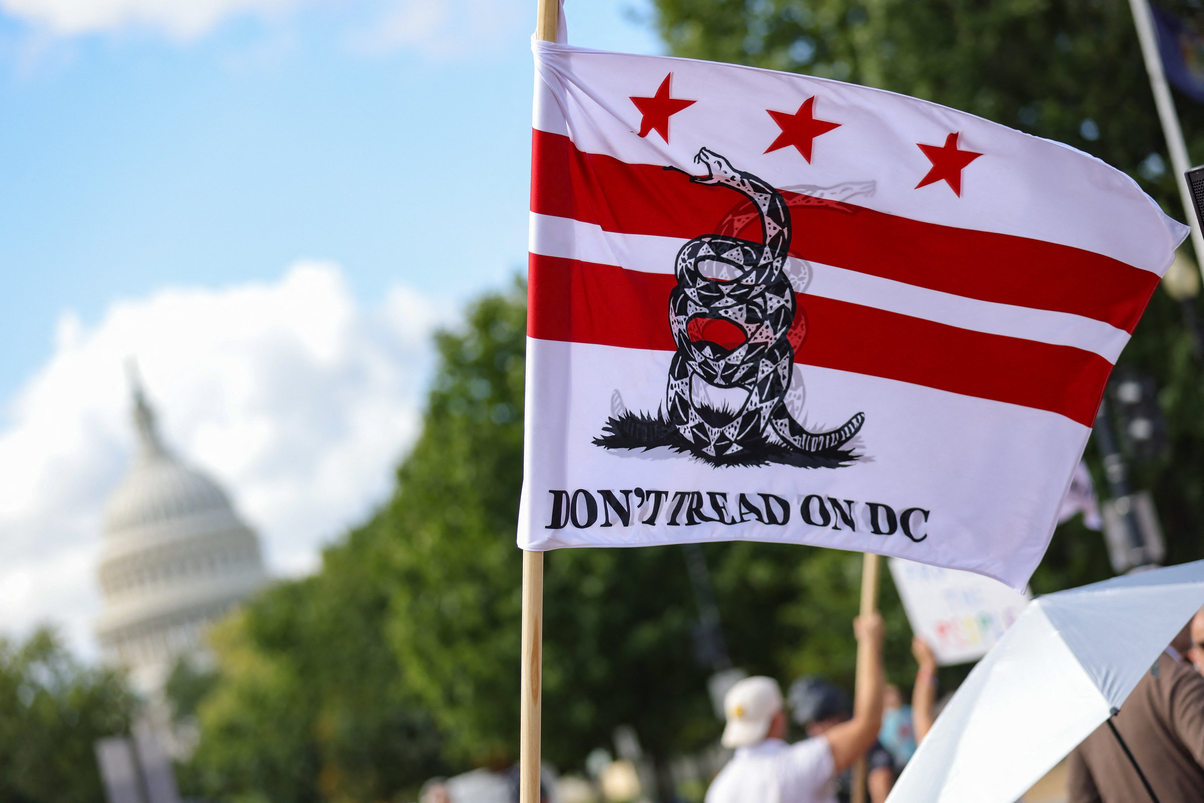 A modified District of Columbia flag reads 'Don't tread on DC' during an anti-Trump protest at Union Station