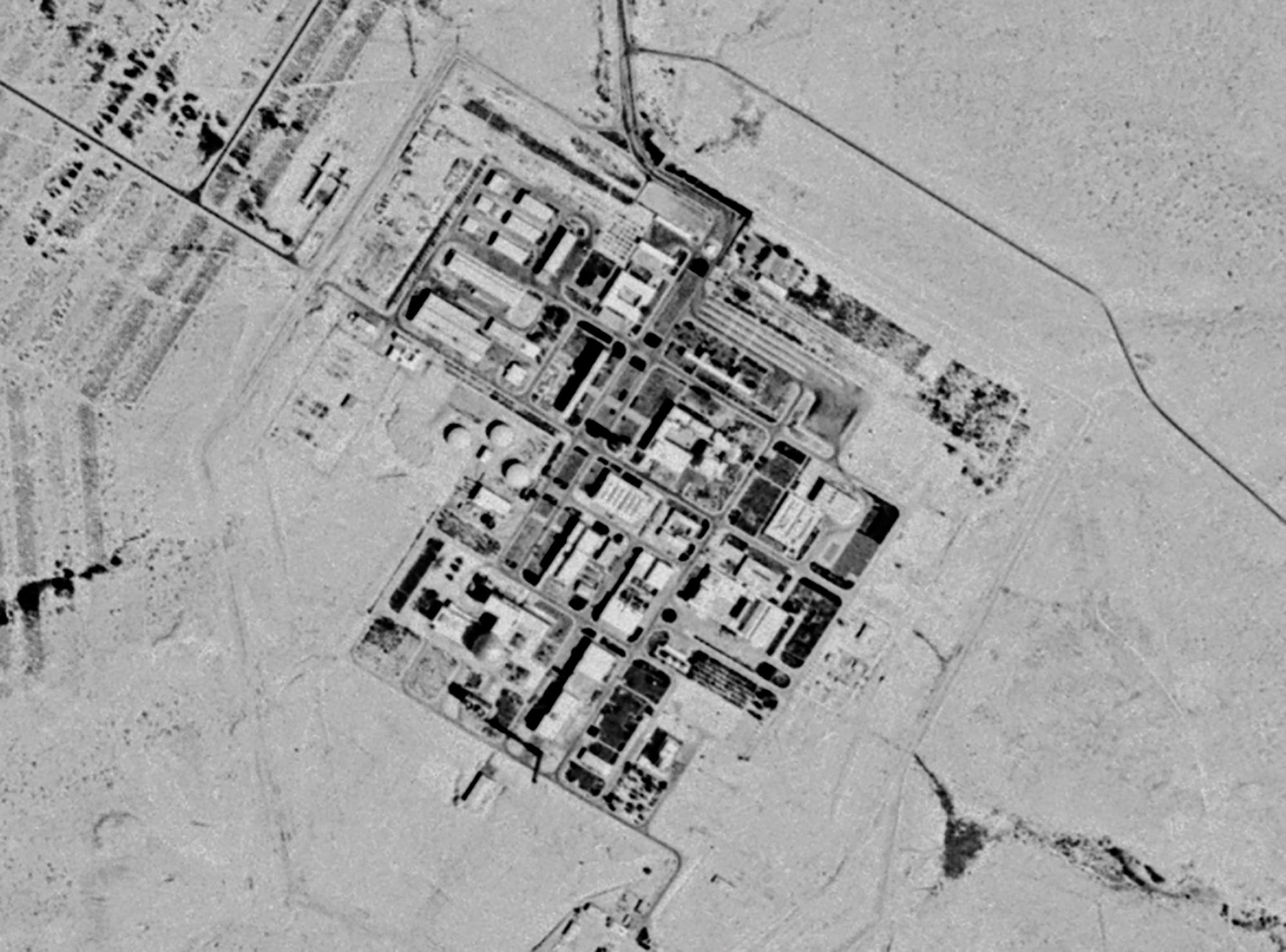 This Sept. 29, 1971, spy satellite photograph, later declassified by the U.S. government, shows what now is known as the Shimon Peres Negev Nuclear Research Center near the city of Dimona, Israel. (U.S. Center for Earth Resources Observation and Science/U.S. Geological Survey, via AP)