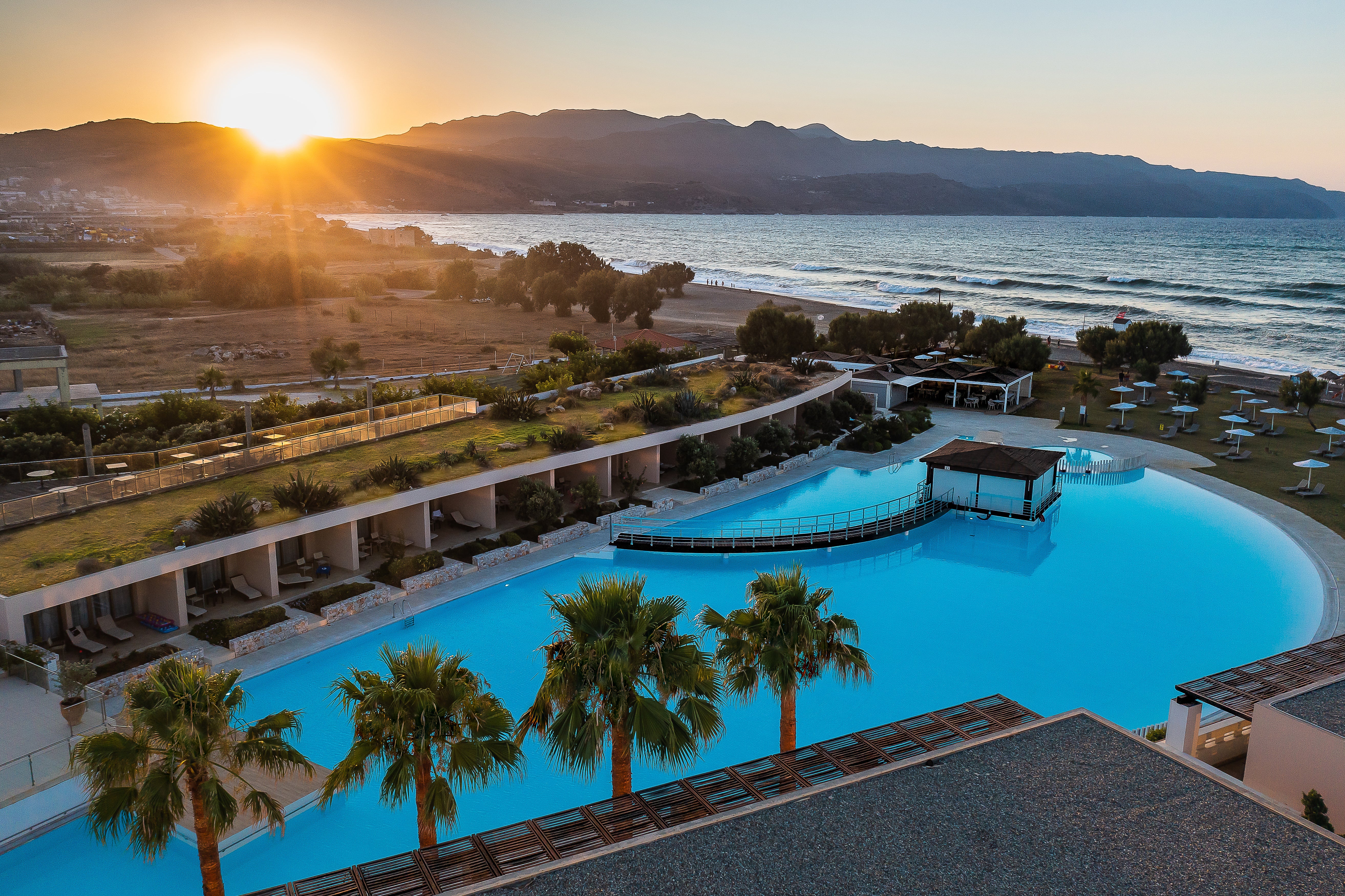 Sun sets over the Giannoulis Cavo Spada Luxury Sports and Leisure Resort, Crete