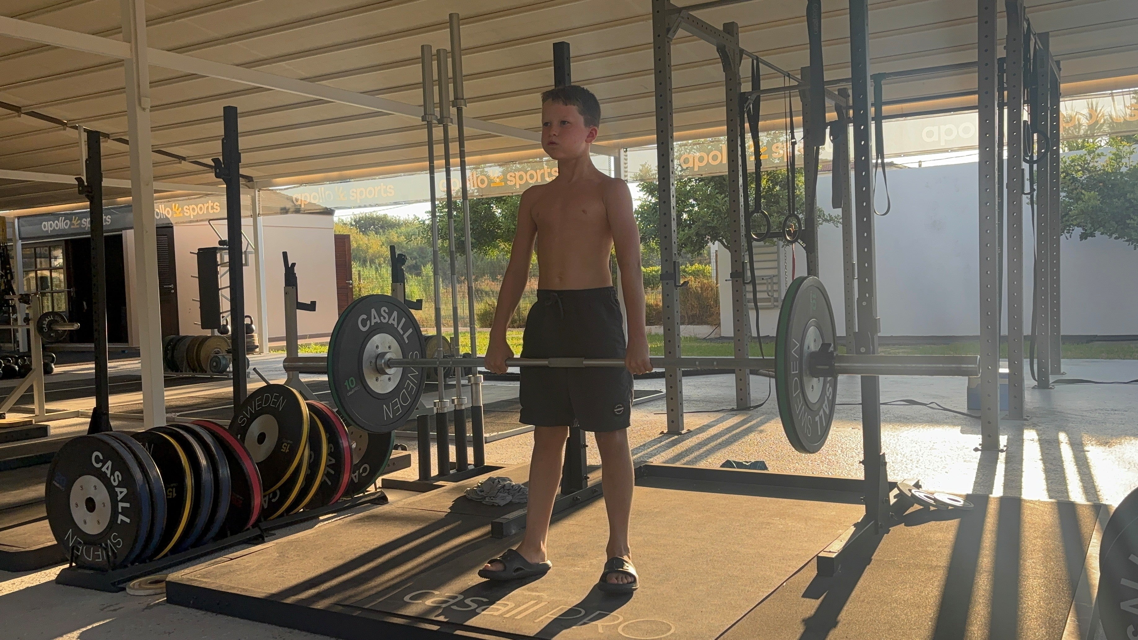 Aidan, nine, in the outdoor gym