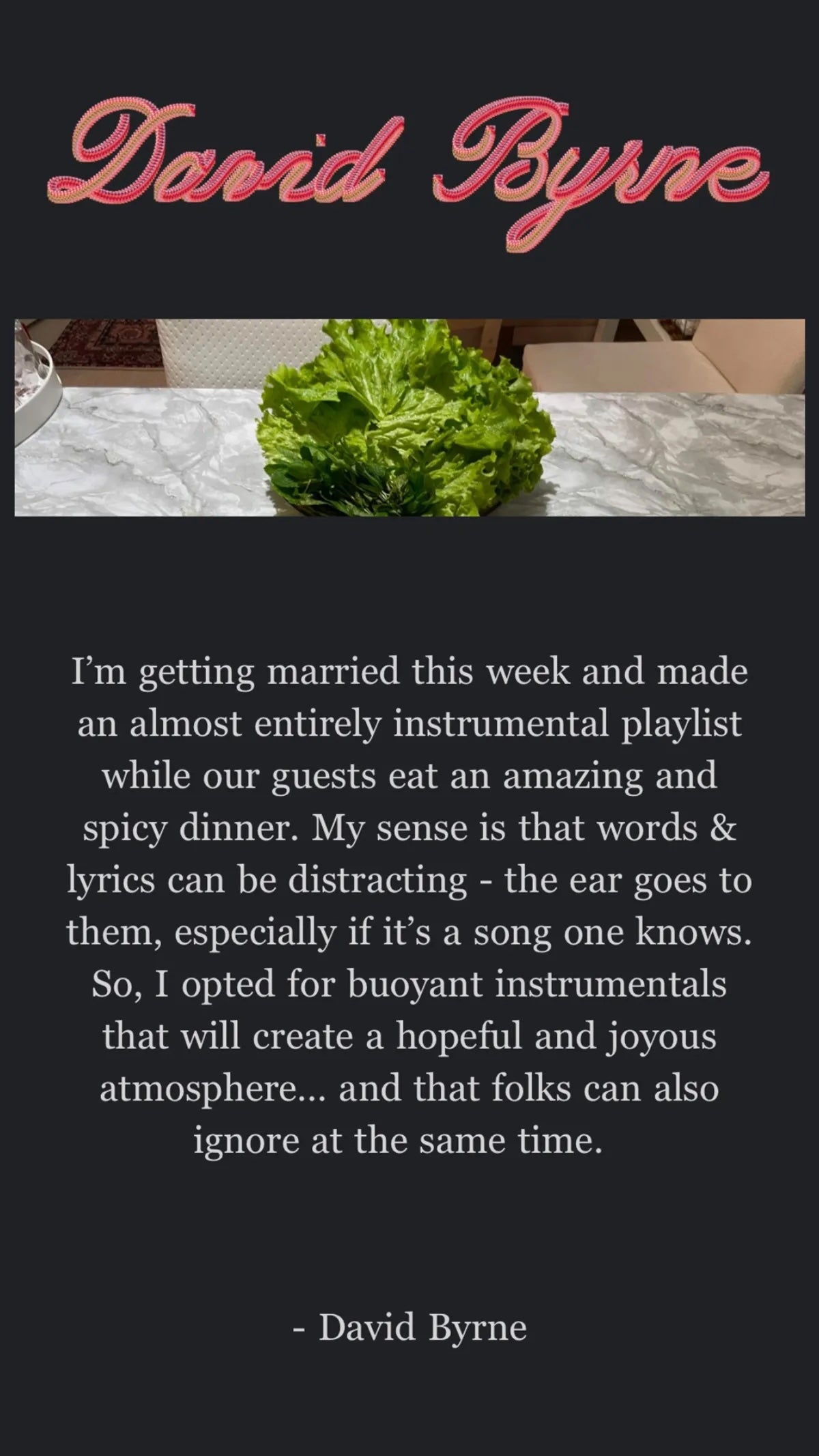David Byrne shared the playlist for his wedding reception dinner