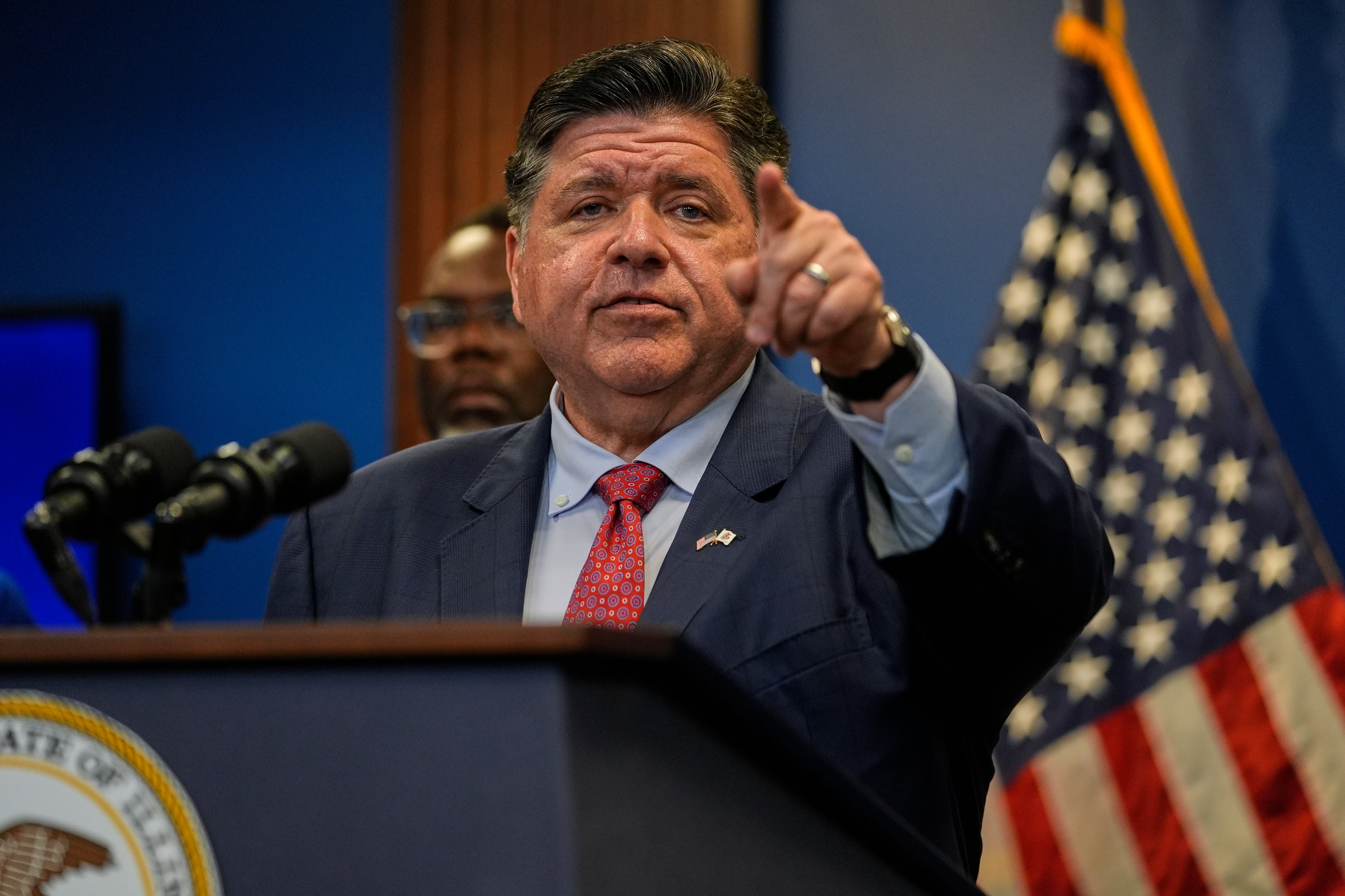 Illinois Gov. JB Pritzker delivers his press conference in Chicago on Tuesday