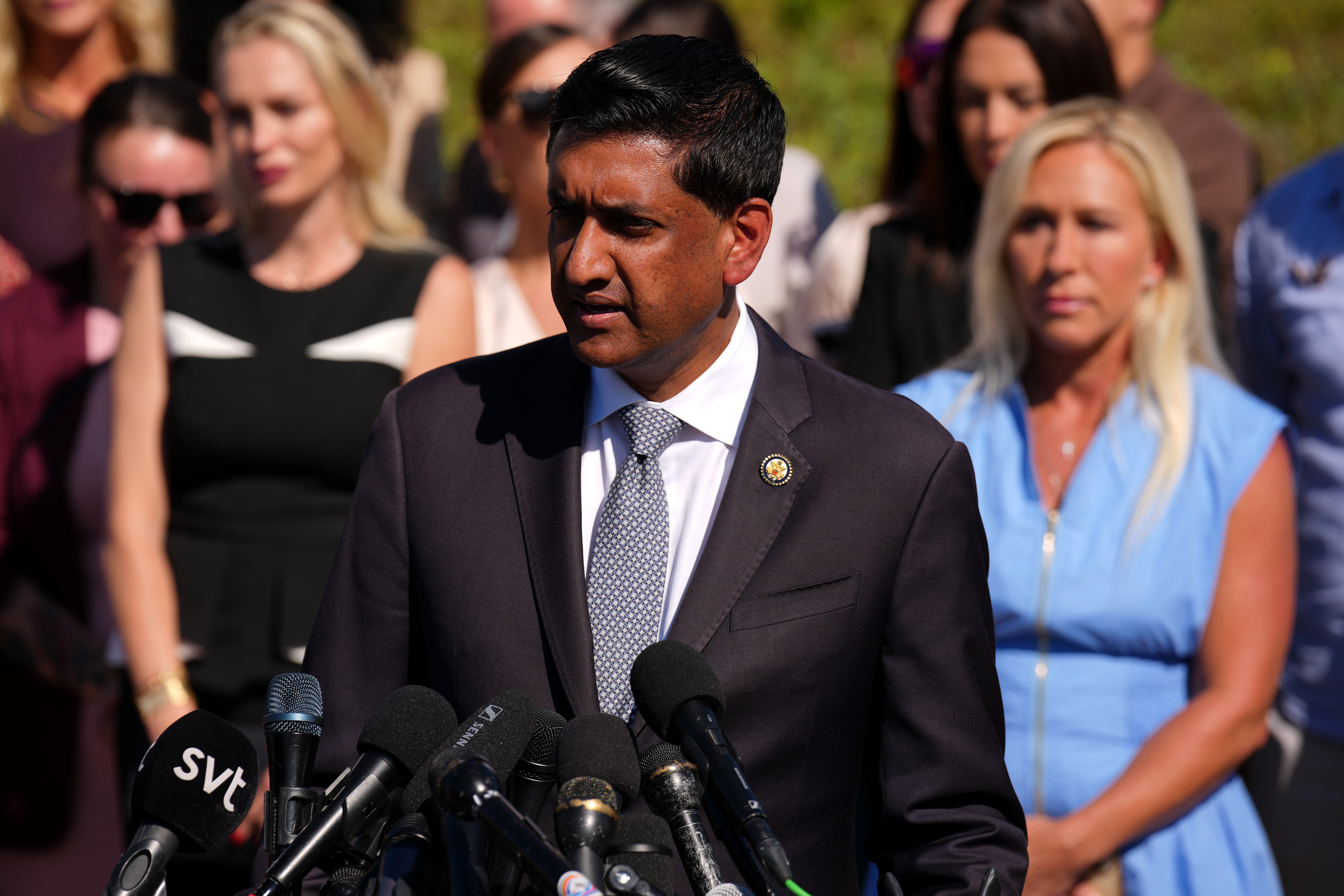 Rep. Ro Khanna (D-CA) speaks during a news conference with victims of disgraced financier and sex trafficker Jeffrey Epstein outside the U.S. Capitol on Sept. 3. Khanna and Rep. Thomas Massie (R-KY) have introduced the Epstein List Transparency Act to force the federal government to release all unclassified records from the cases of Epstein and his associate, Ghislaine Maxwell.