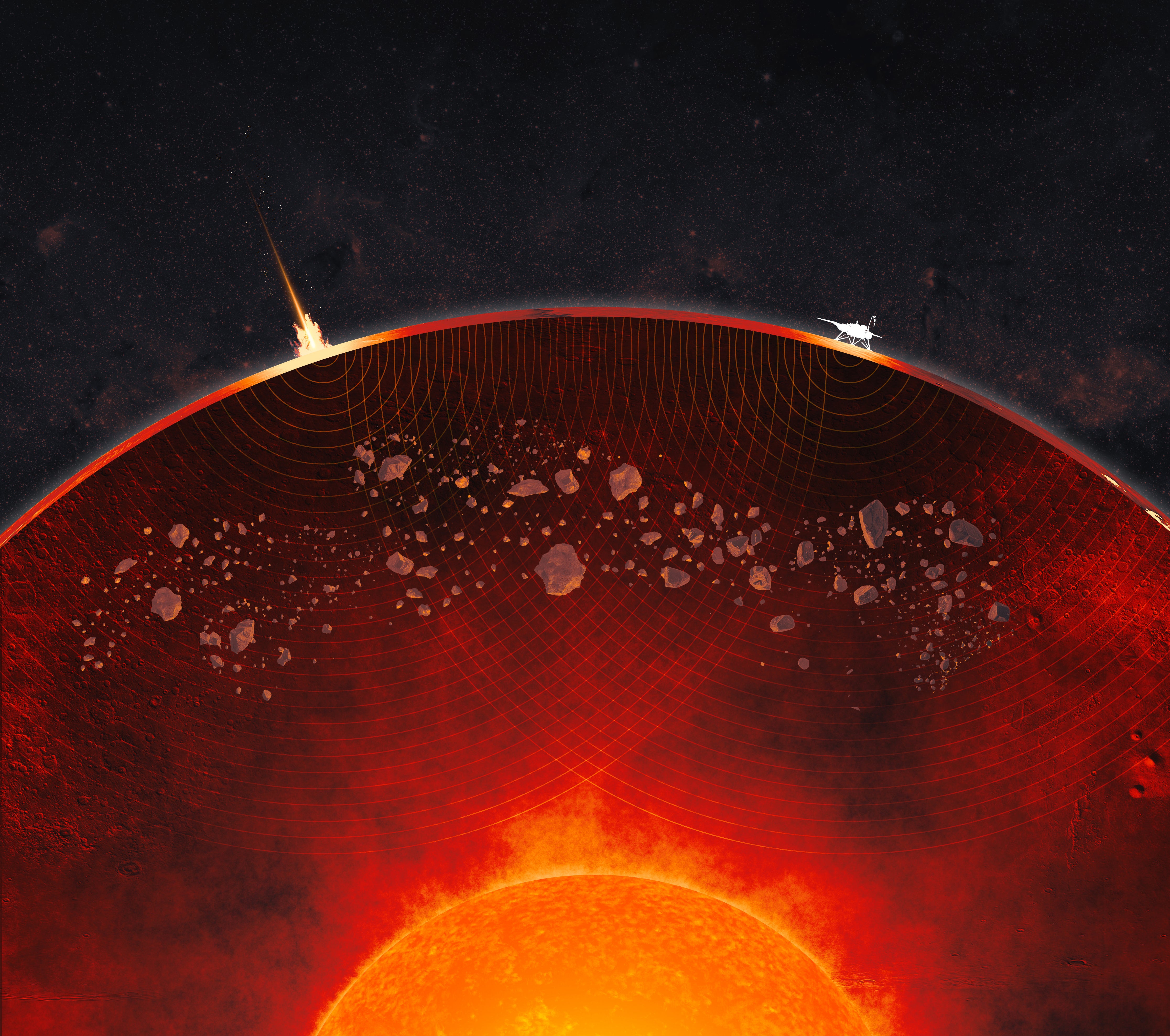 Cutaway view of Mars in artist’s concept shows debris from ancient impacts scattered through planet’s mantle