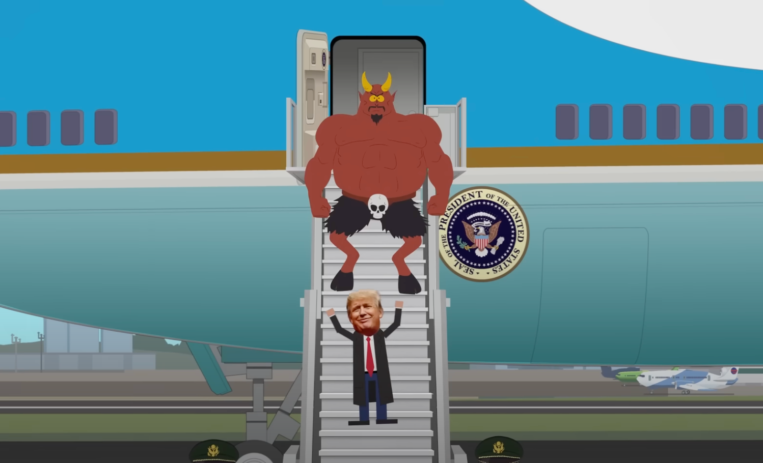 Trump and Satan walk down the steps of Air Force One in the latest South Park episode