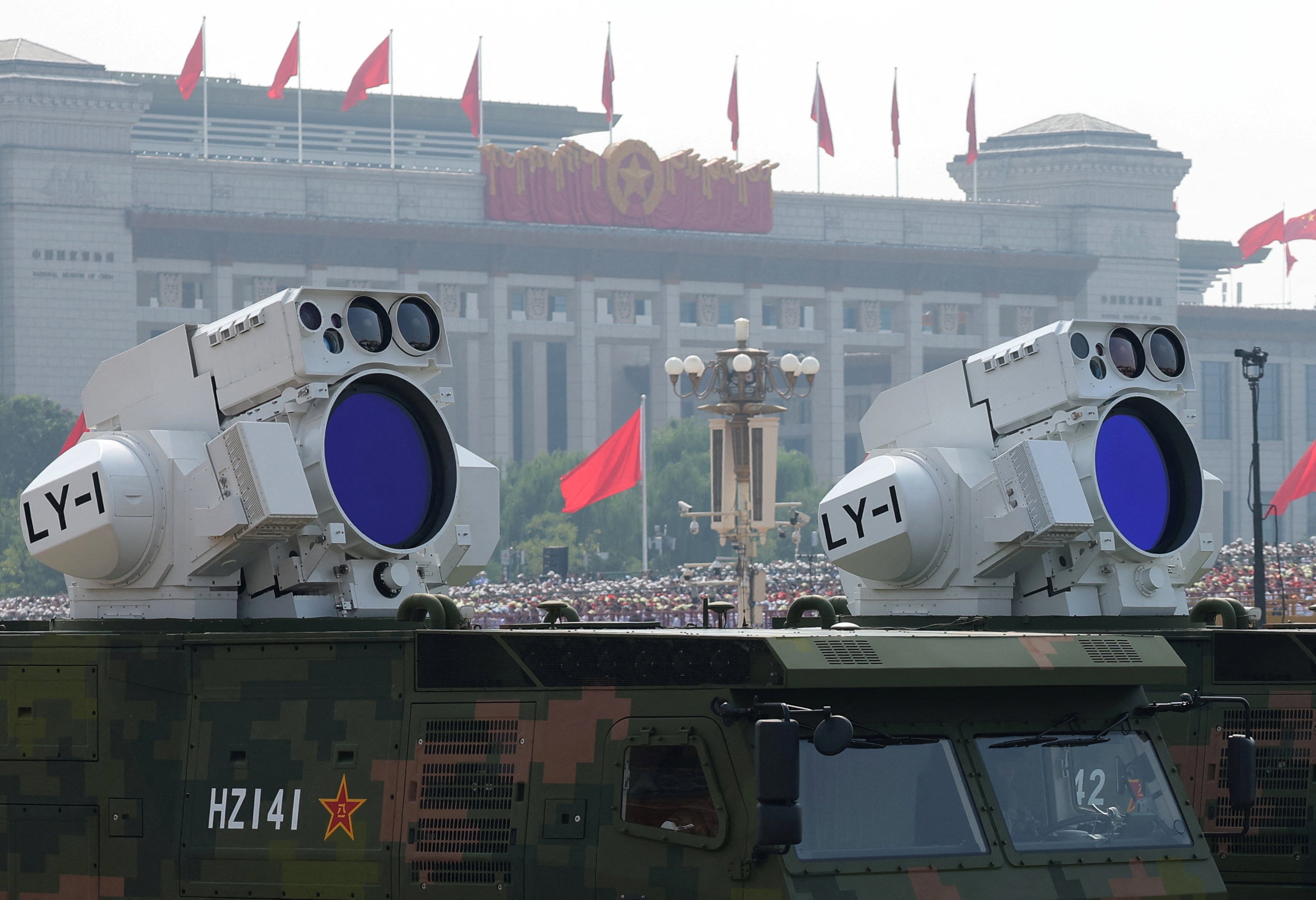 Air-defense laser weapons are displayed during a military parade to mark the 80th anniversary of the end of World War Two, in Beijing, China, September 3, 2025. REUTERS/Maxim Shemetov